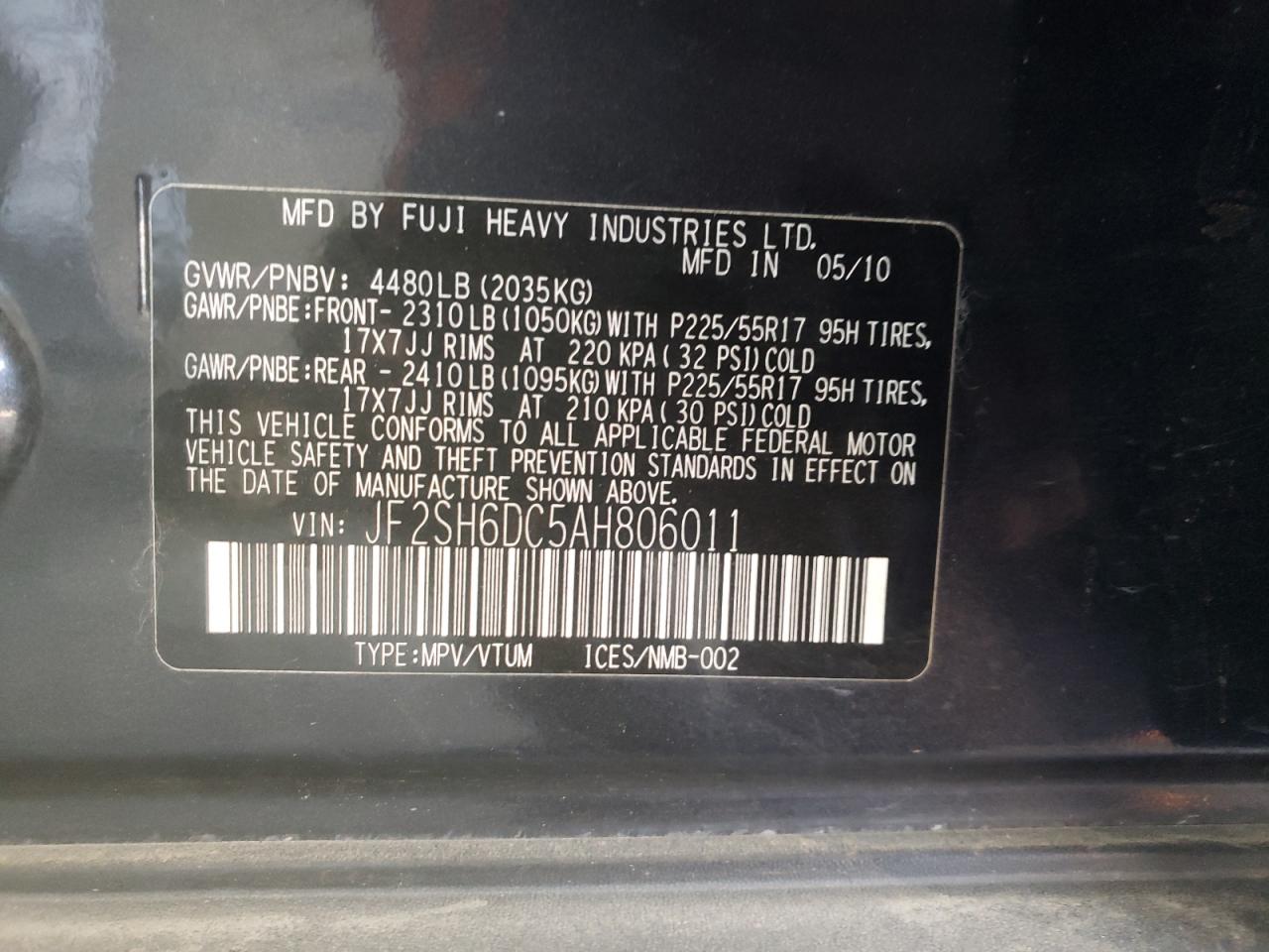 Photo 10 from auction – 2010 SUBARU FORESTER 2 with VIN JF2SH6DC5AH806011