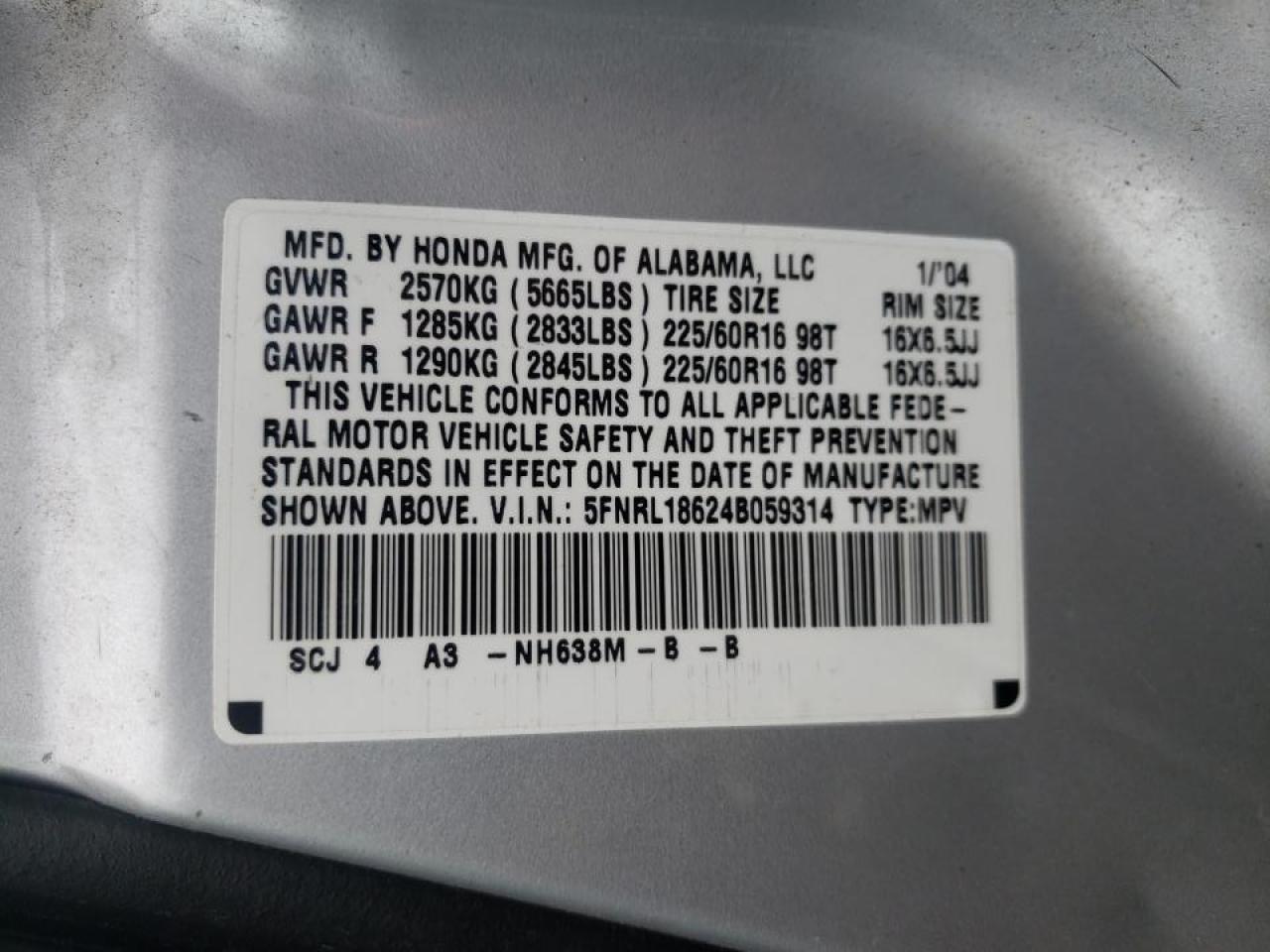Photo 10 from auction – 2004 HONDA ODYSSEY EX with VIN 5FNRL18624B059314