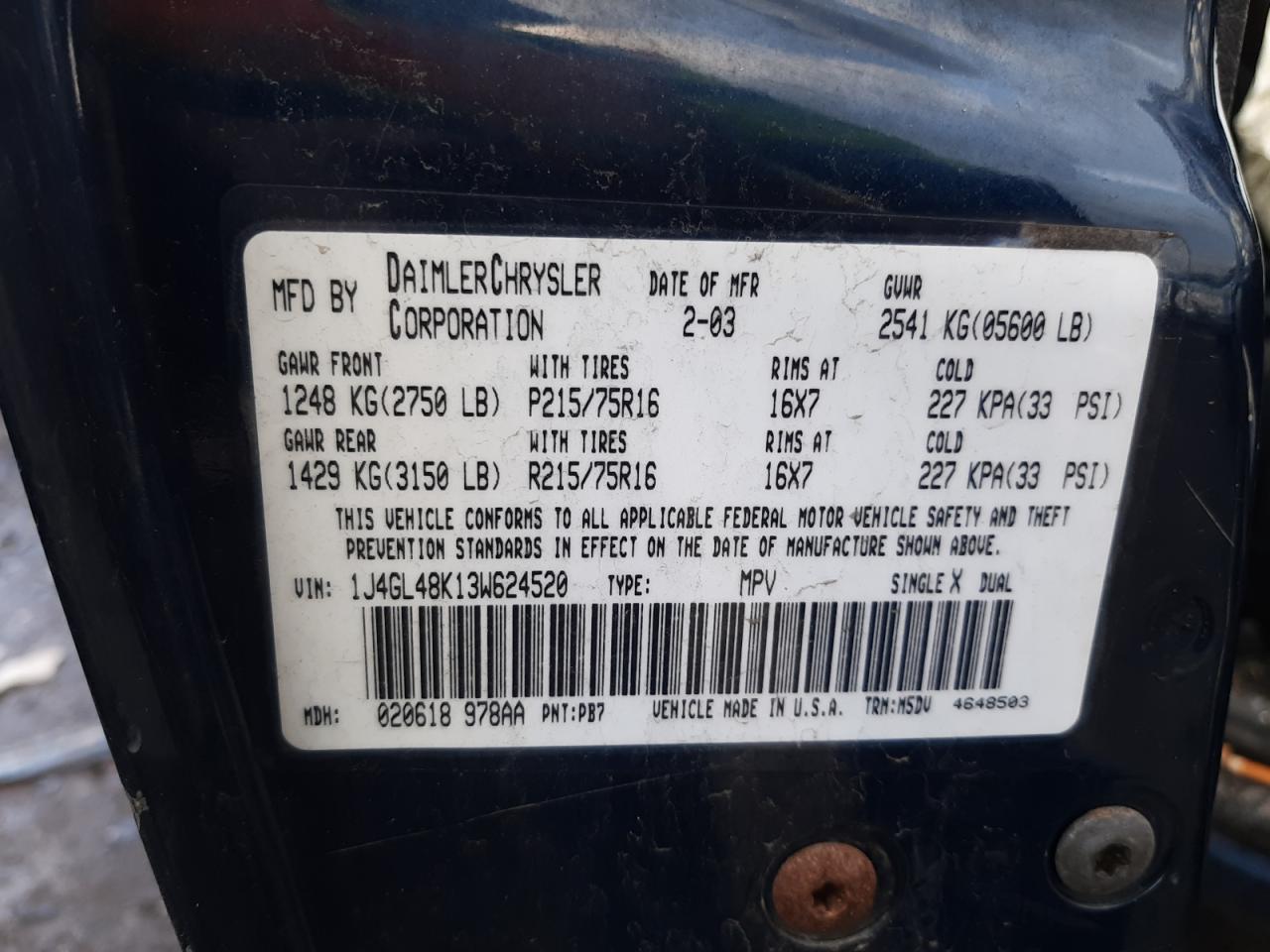 Photo 10 from auction – 2003 JEEP LIBERTY SP with VIN 1J4GL48K13W624520