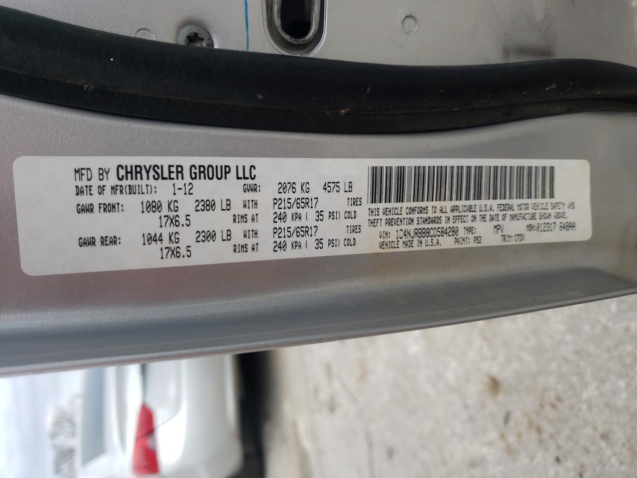 Photo 10 from auction – 2012 JEEP PATRIOT SP with VIN 1C4NJRBB8CD584280
