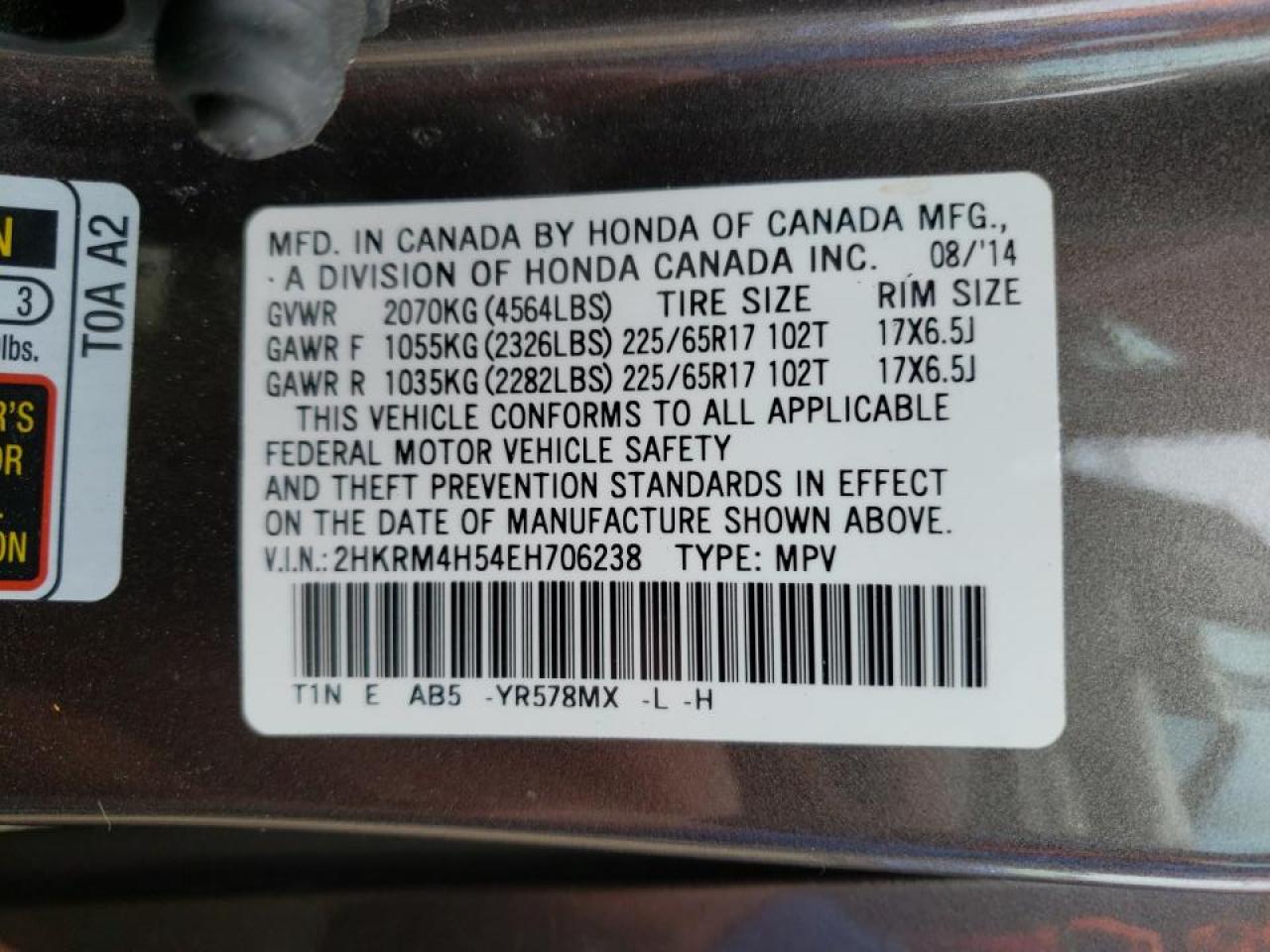 Photo 10 from auction – 2014 HONDA CR-V EX with VIN 2HKRM4H54EH706238