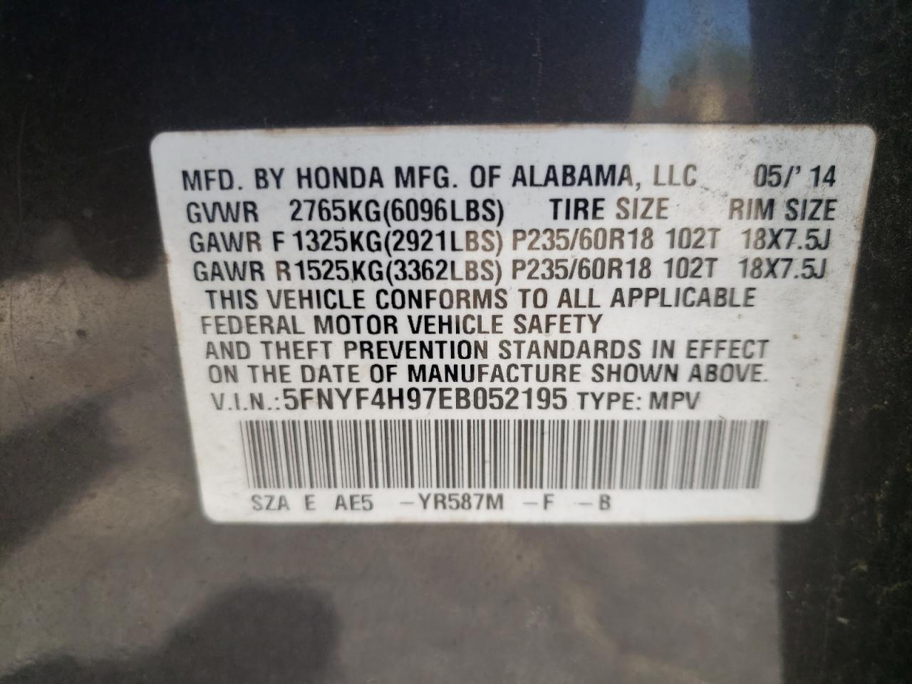 Photo 10 from auction – 2014 HONDA PILOT TOUR with VIN 5FNYF4H97EB052195