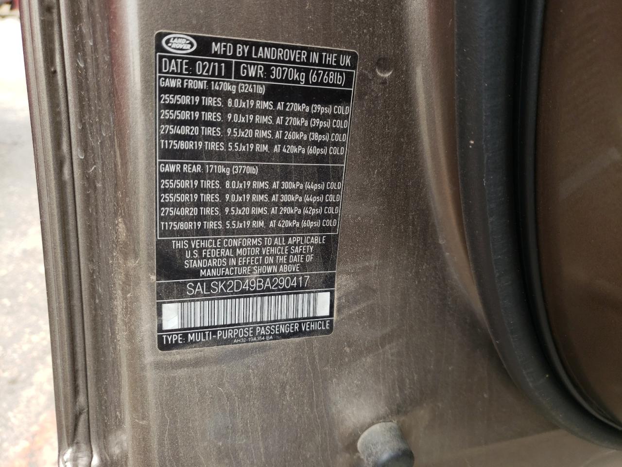 Photo 10 from auction – 2011 LAND ROVER RANGE ROVE with VIN SALSK2D49BA290417