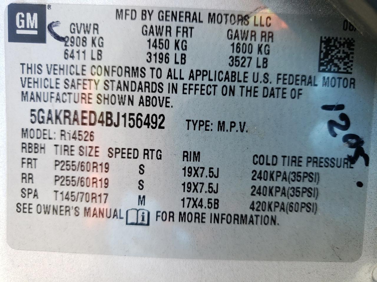 Photo 10 from auction – 2011 BUICK ENCLAVE CX with VIN 5GAKRAED4BJ156492