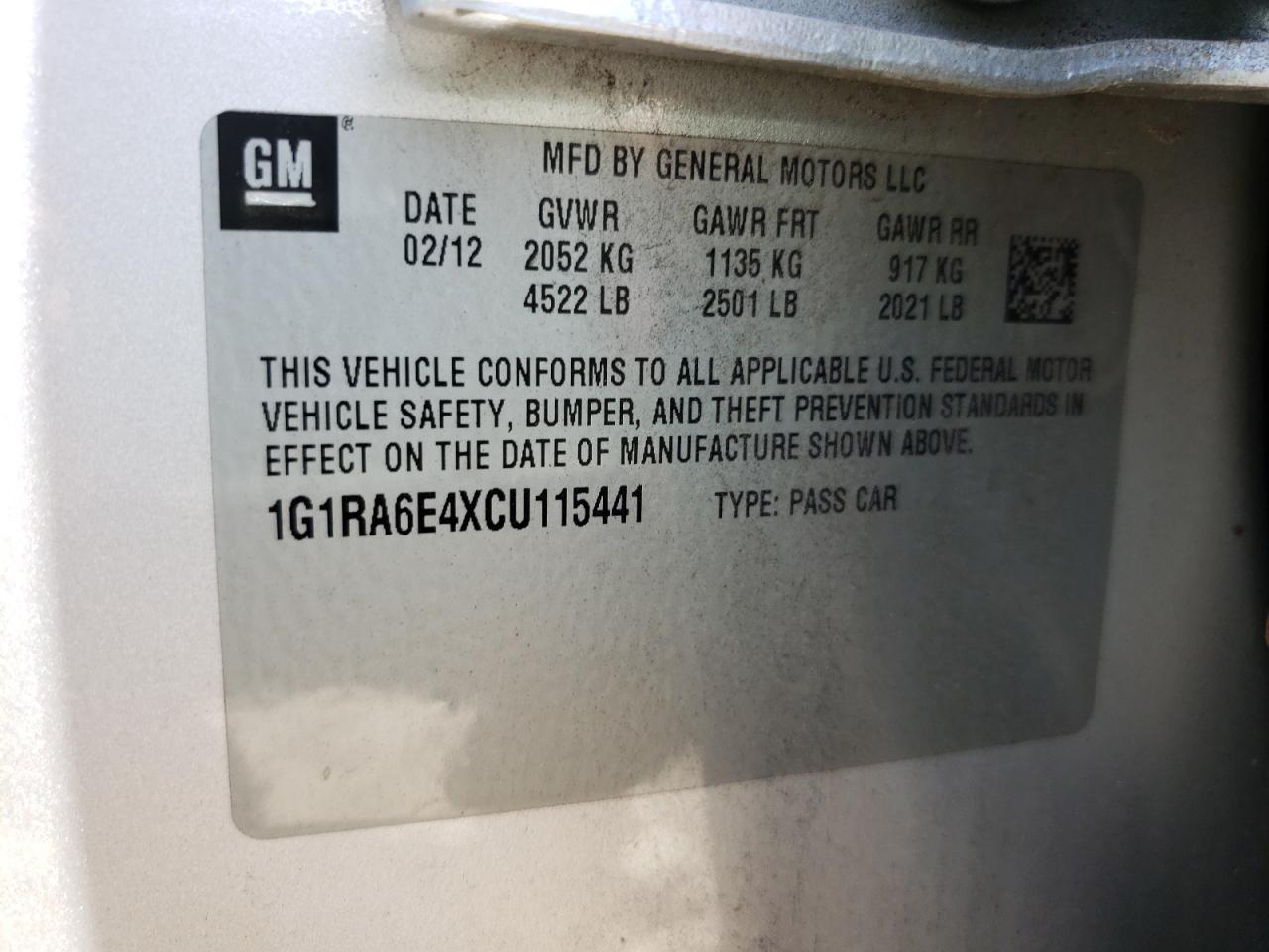 Photo 10 from auction – 2012 CHEVROLET VOLT with VIN 1G1RA6E4XCU115441