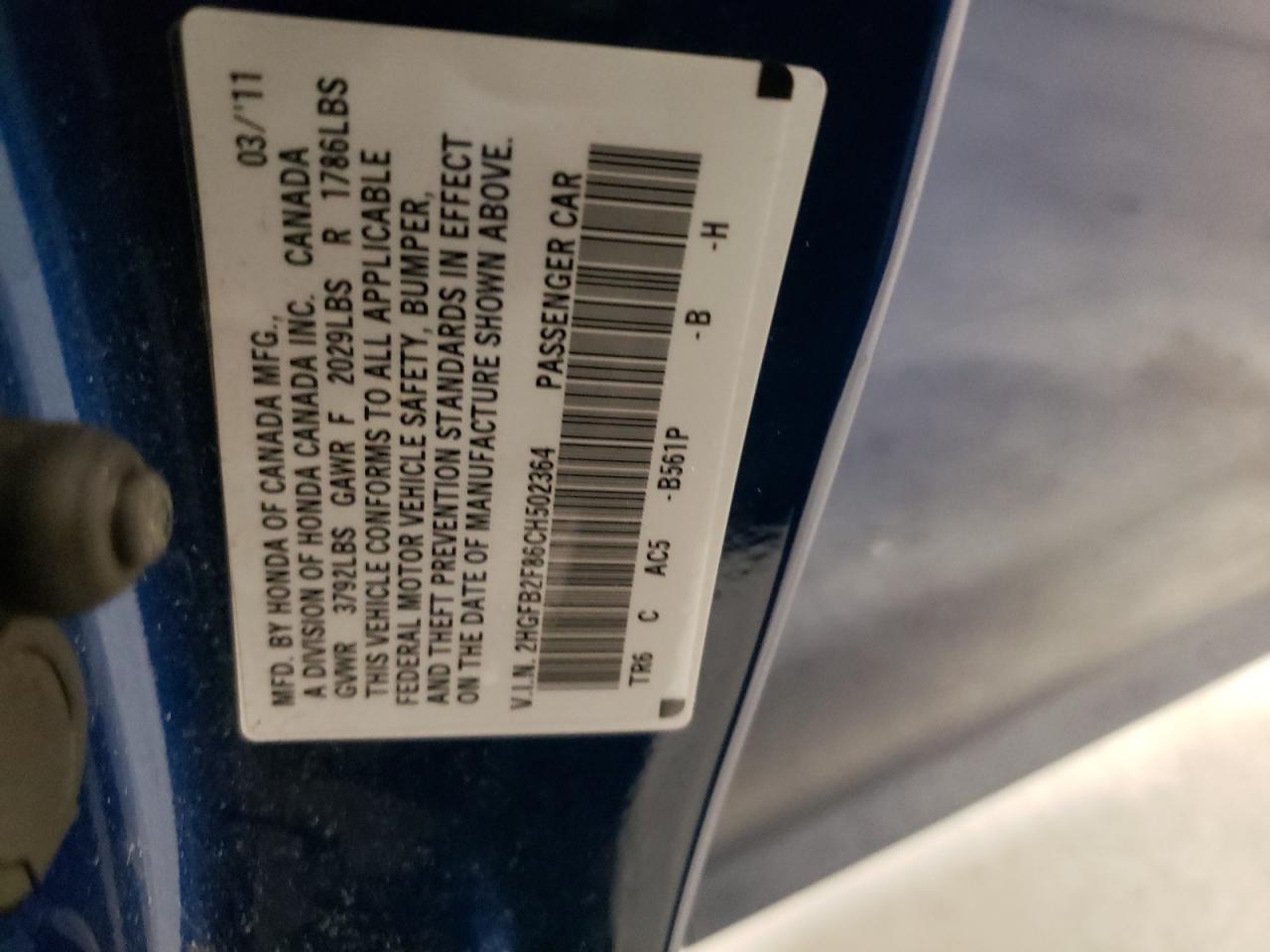 Photo 10 from auction – 2012 HONDA CIVIC EX with VIN 2HGFB2F86CH502364