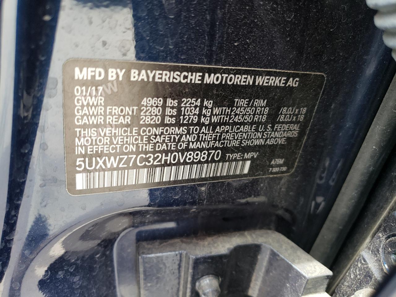 Photo 10 from auction – 2017 BMW X3 SDRIVE2 with VIN 5UXWZ7C32H0V89870