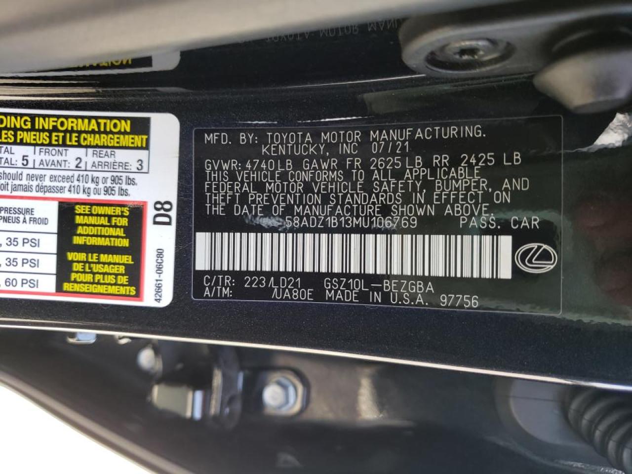 Photo 10 from auction – 2021 LEXUS ES 350 BAS with VIN 58ADZ1B13MU106769