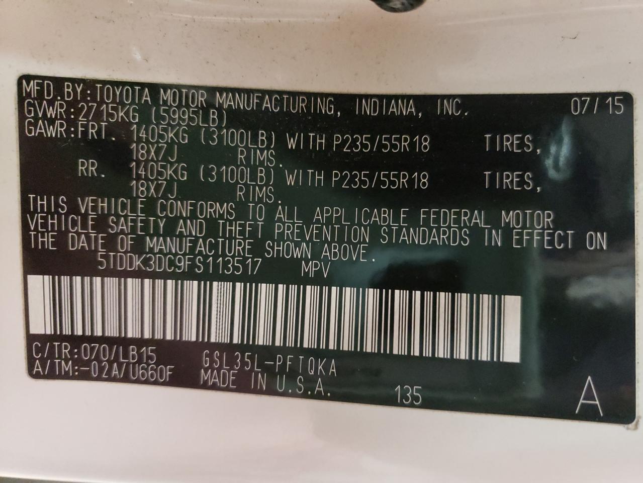 Photo 10 from auction – 2015 TOYOTA SIENNA XLE with VIN 5TDDK3DC9FS113517
