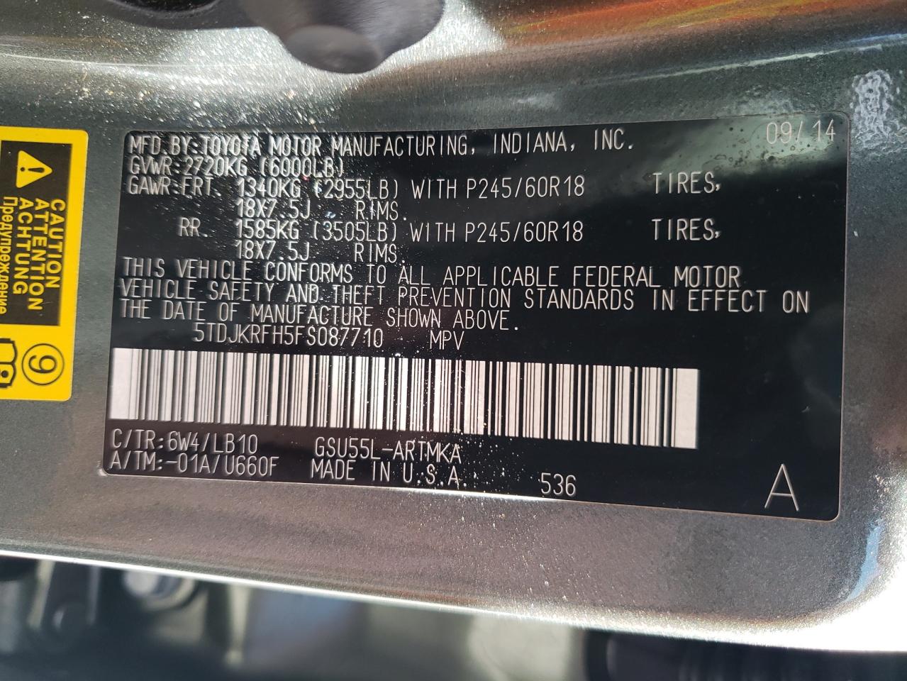 Photo 10 from auction – 2015 TOYOTA HIGHLANDER with VIN 5TDJKRFH5FS087710