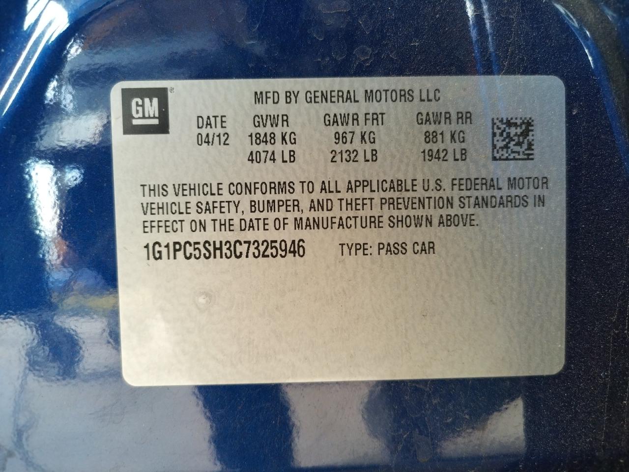 Photo 10 from auction – 2012 CHEVROLET CRUZE LS with VIN 1G1PC5SH3C7325946