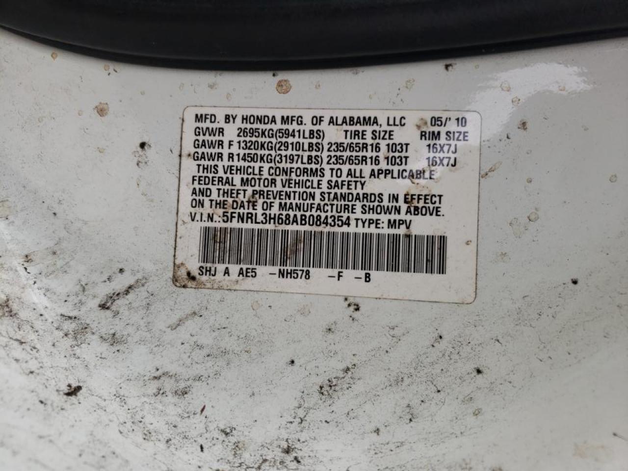 Photo 10 from auction – 2010 HONDA ODYSSEY EX with VIN 5FNRL3H68AB084354