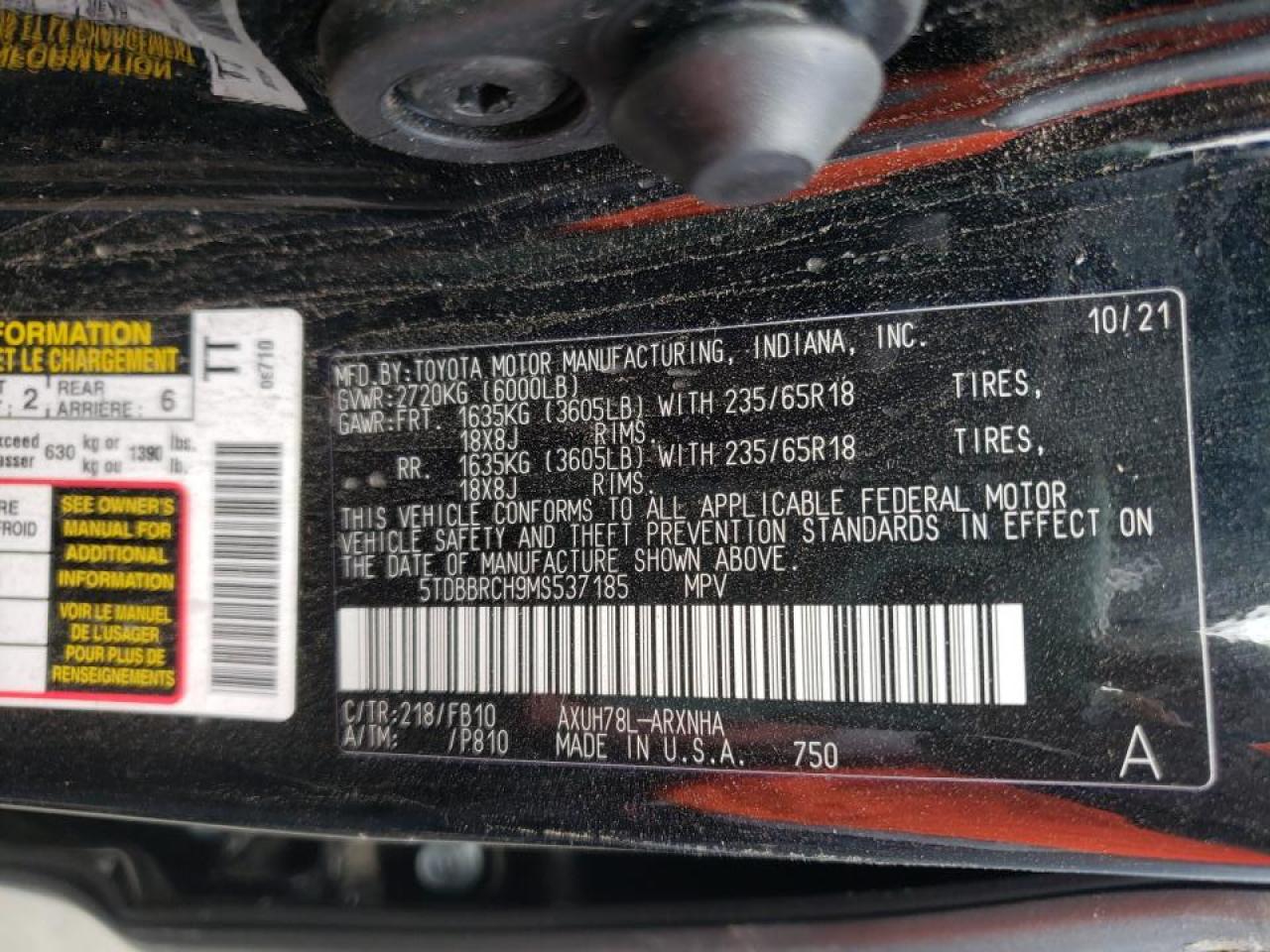 Photo 10 from auction – 2021 TOYOTA HIGHLANDER with VIN 5TDBBRCH9MS537185