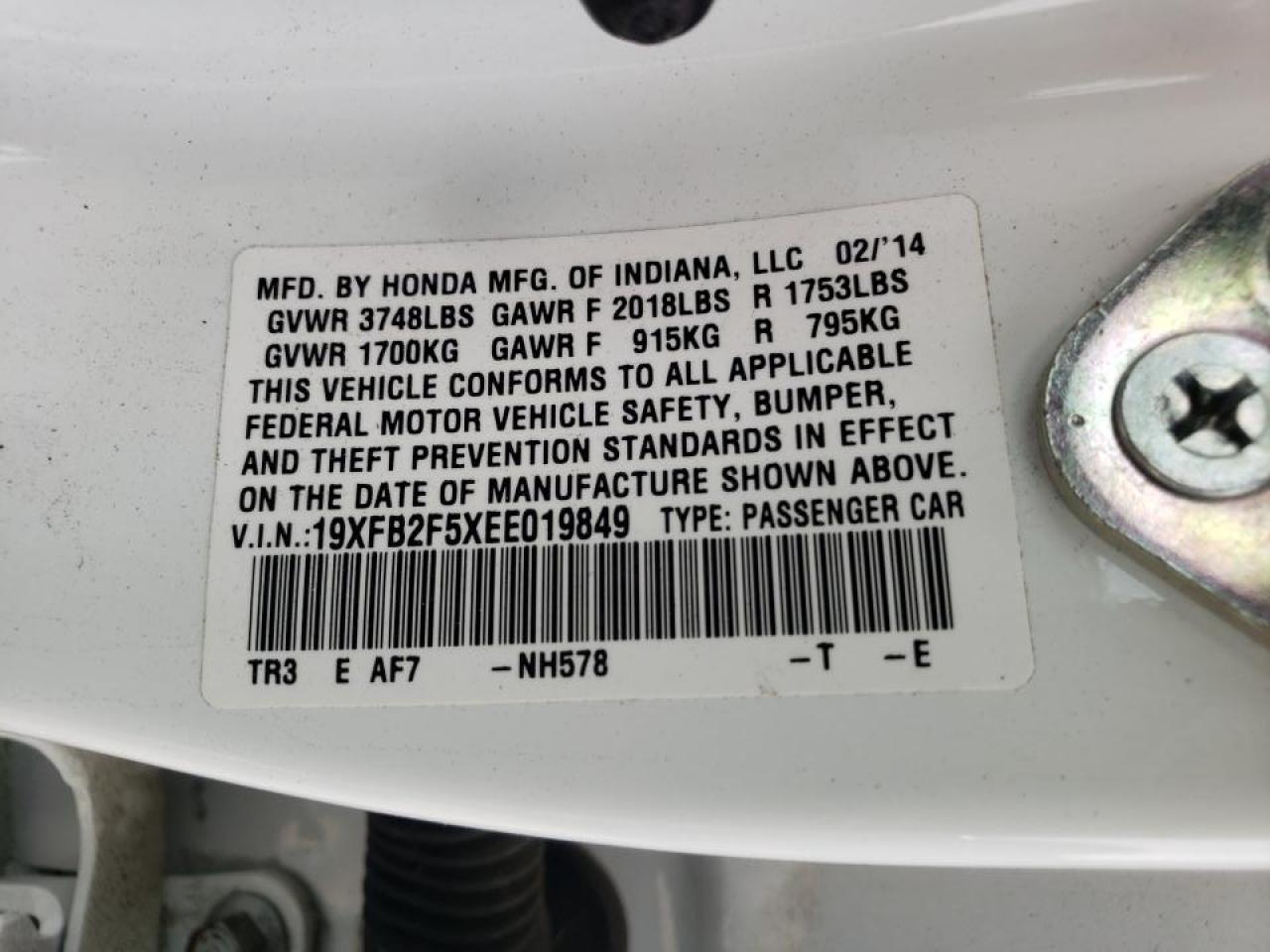 Photo 10 from auction – 2014 HONDA CIVIC LX with VIN 19XFB2F5XEE019849
