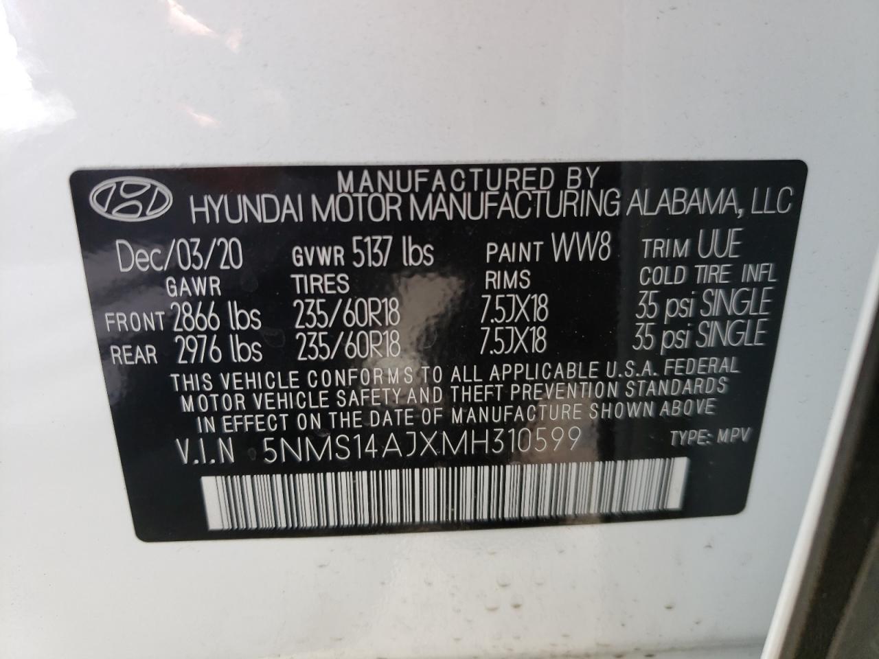 Photo 10 from auction – 2021 HYUNDAI SANTA FE S with VIN 5NMS14AJXMH310599