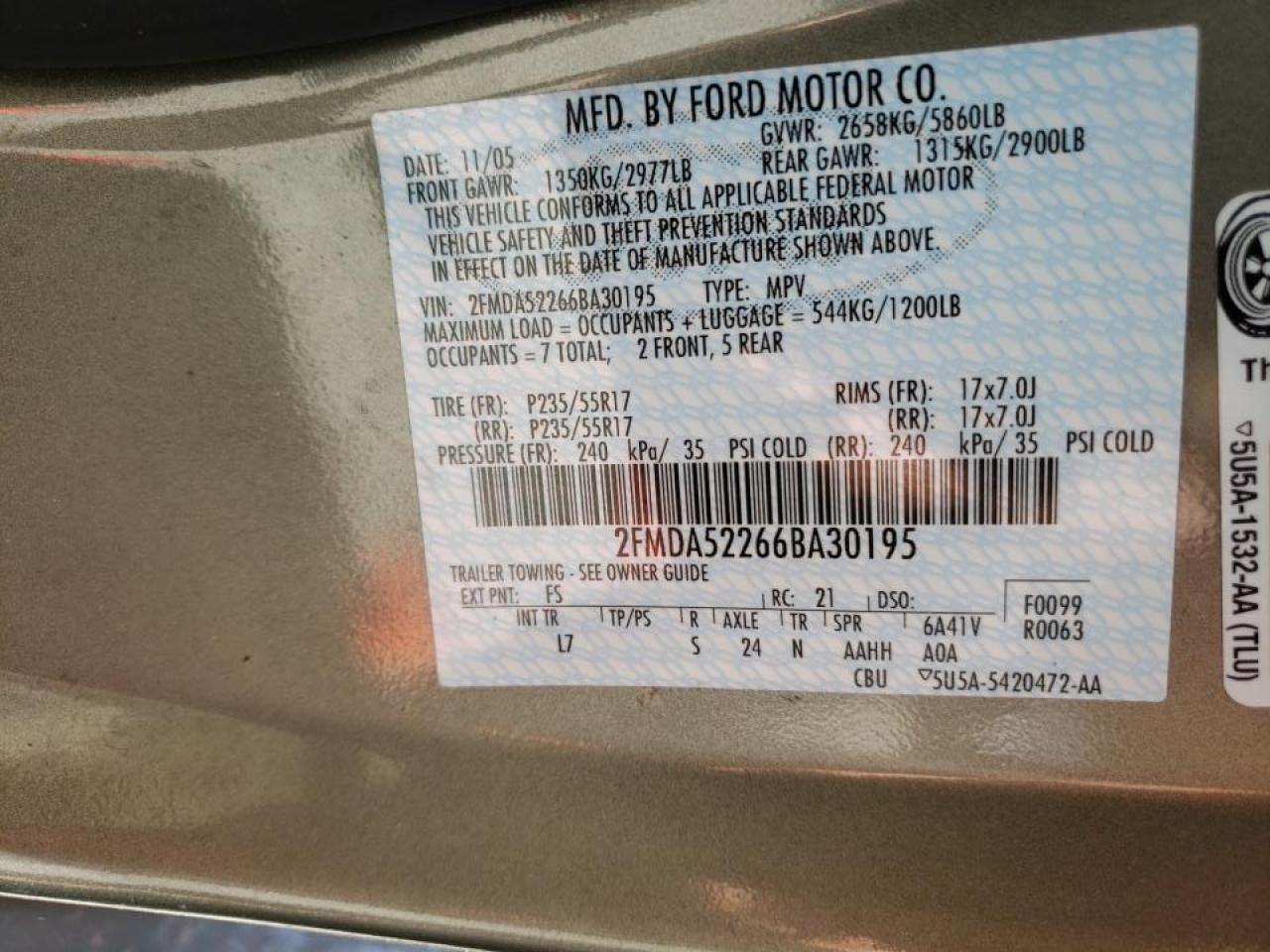 Photo 10 from auction – 2006 FORD FREESTAR S with VIN 2FMDA52266BA30195