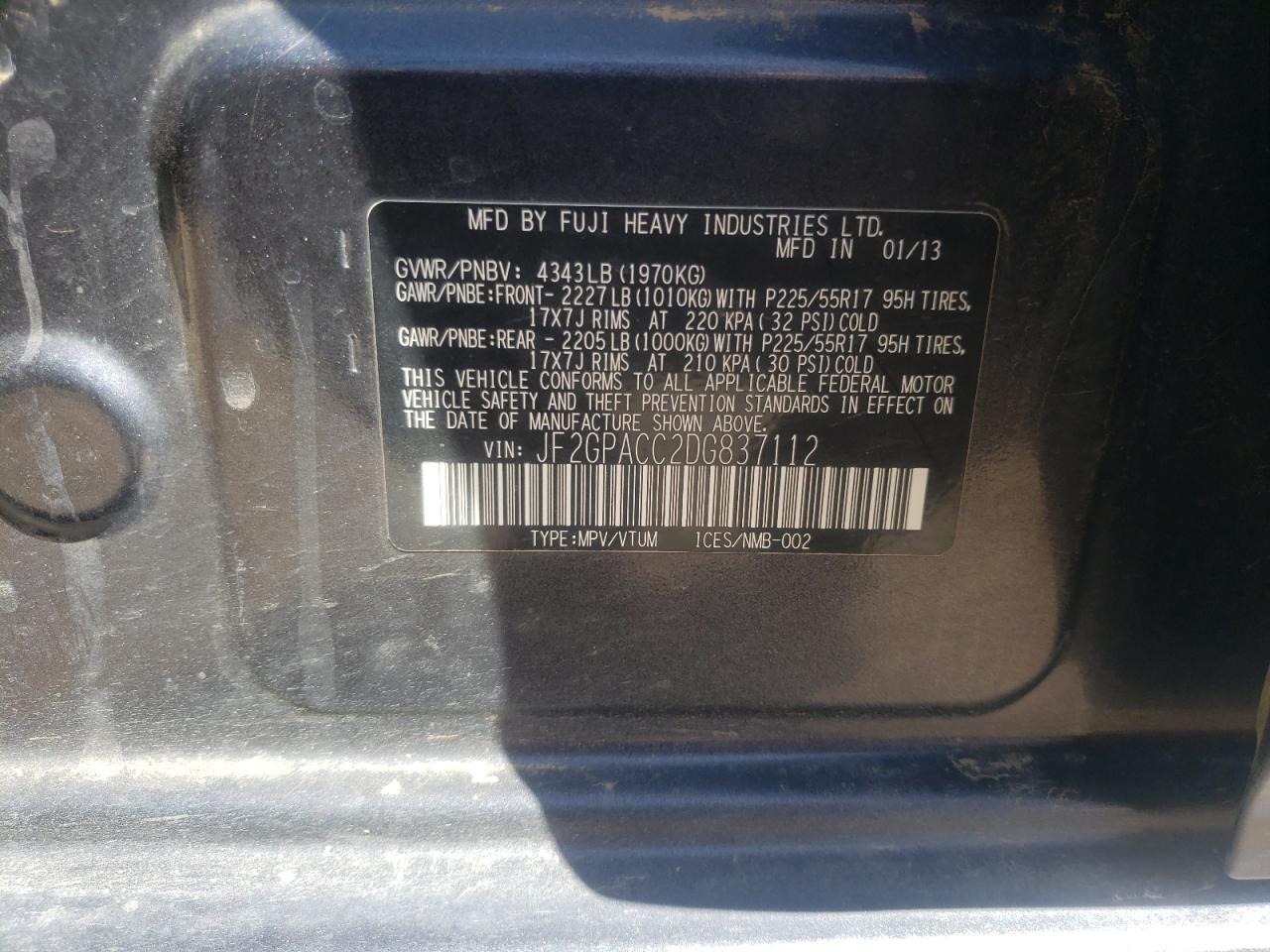 Photo 10 from auction – 2013 SUBARU XV CROSSTR with VIN JF2GPACC2DG837112