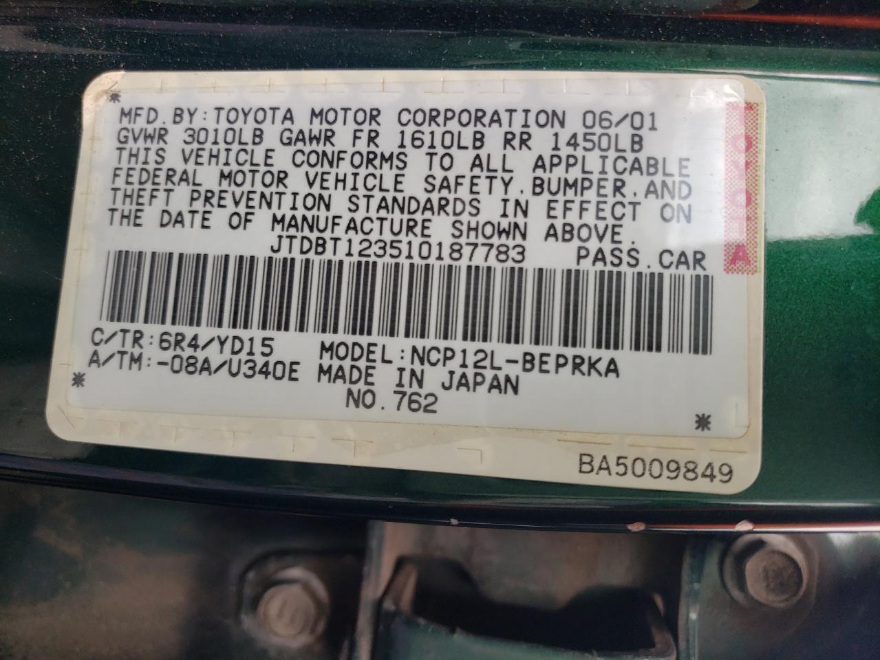 Photo 10 from auction – 2001 TOYOTA ECHO with VIN JTDBT123510187783