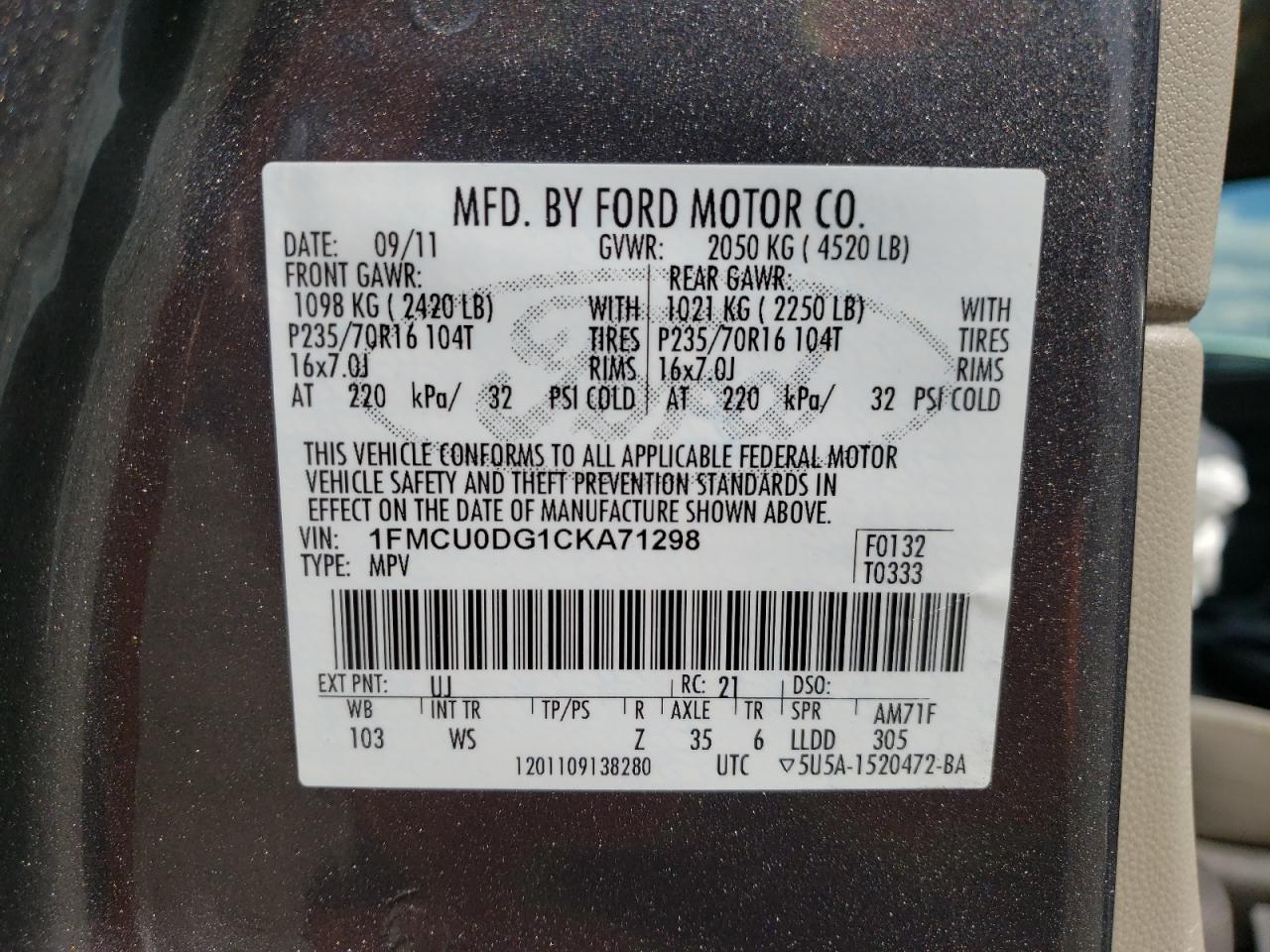 Photo 10 from auction – 2012 FORD ESCAPE XLT with VIN 1FMCU0DG1CKA71298