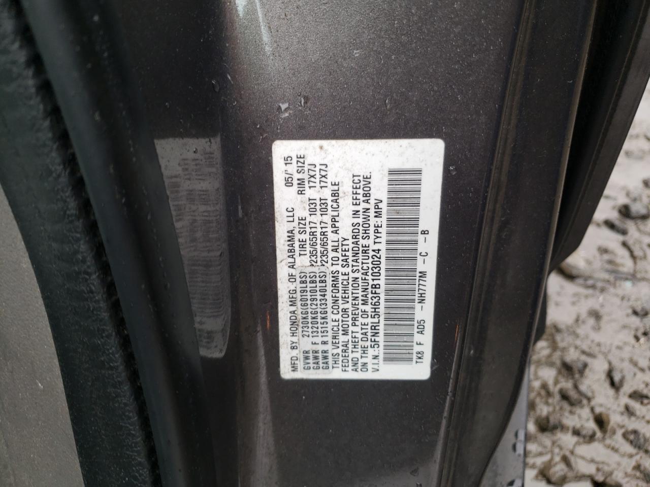 Photo 10 from auction – 2015 HONDA ODYSSEY EX with VIN 5FNRL5H63FB103024