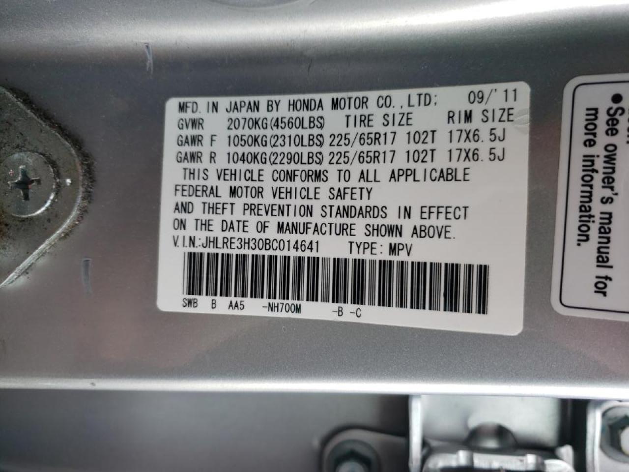 Photo 10 from auction – 2011 HONDA CR-V LX with VIN JHLRE3H30BC014641