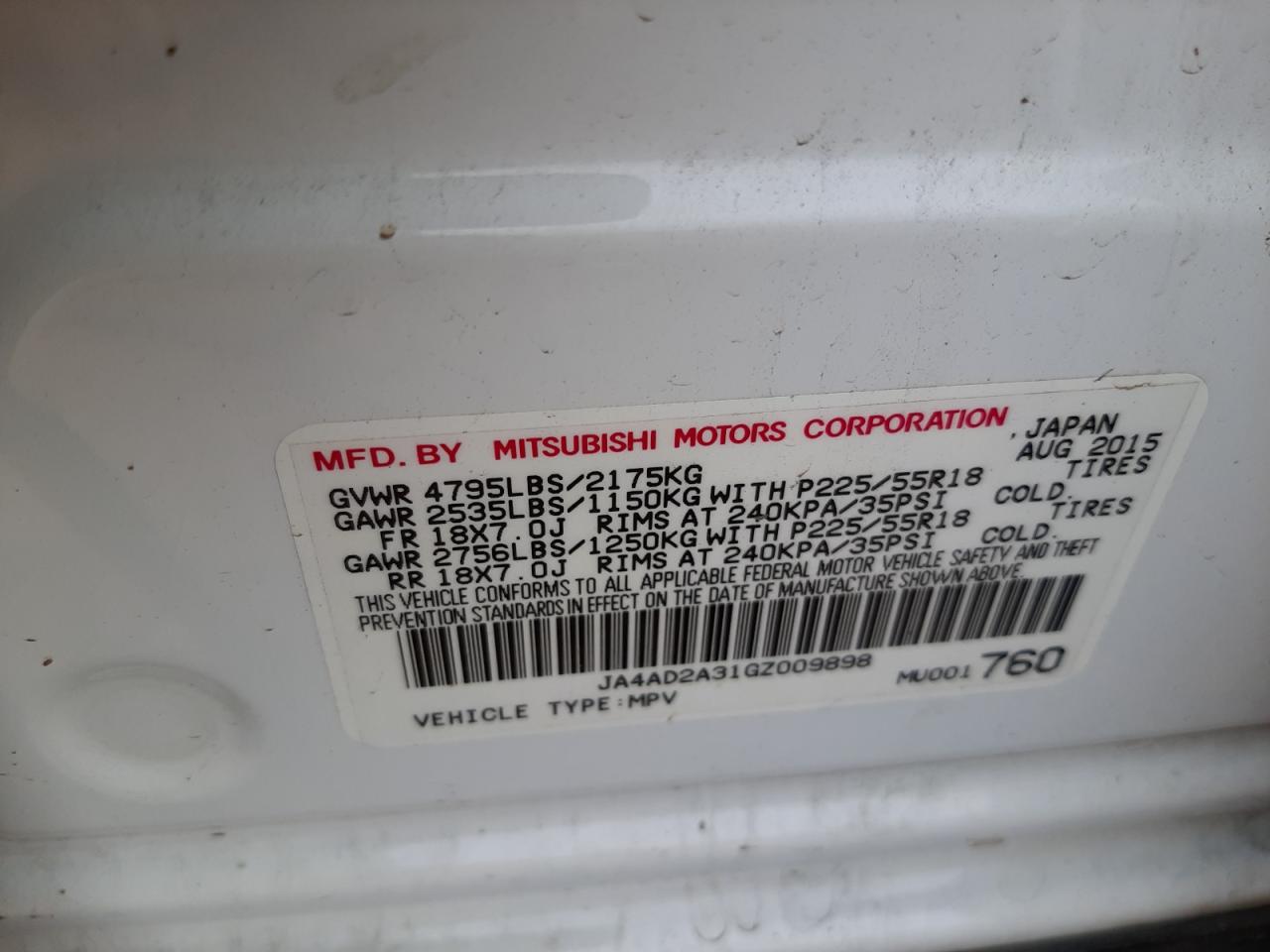 Photo 10 from auction – 2016 MITSUBISHI OUTLANDER with VIN JA4AD2A31GZ009898