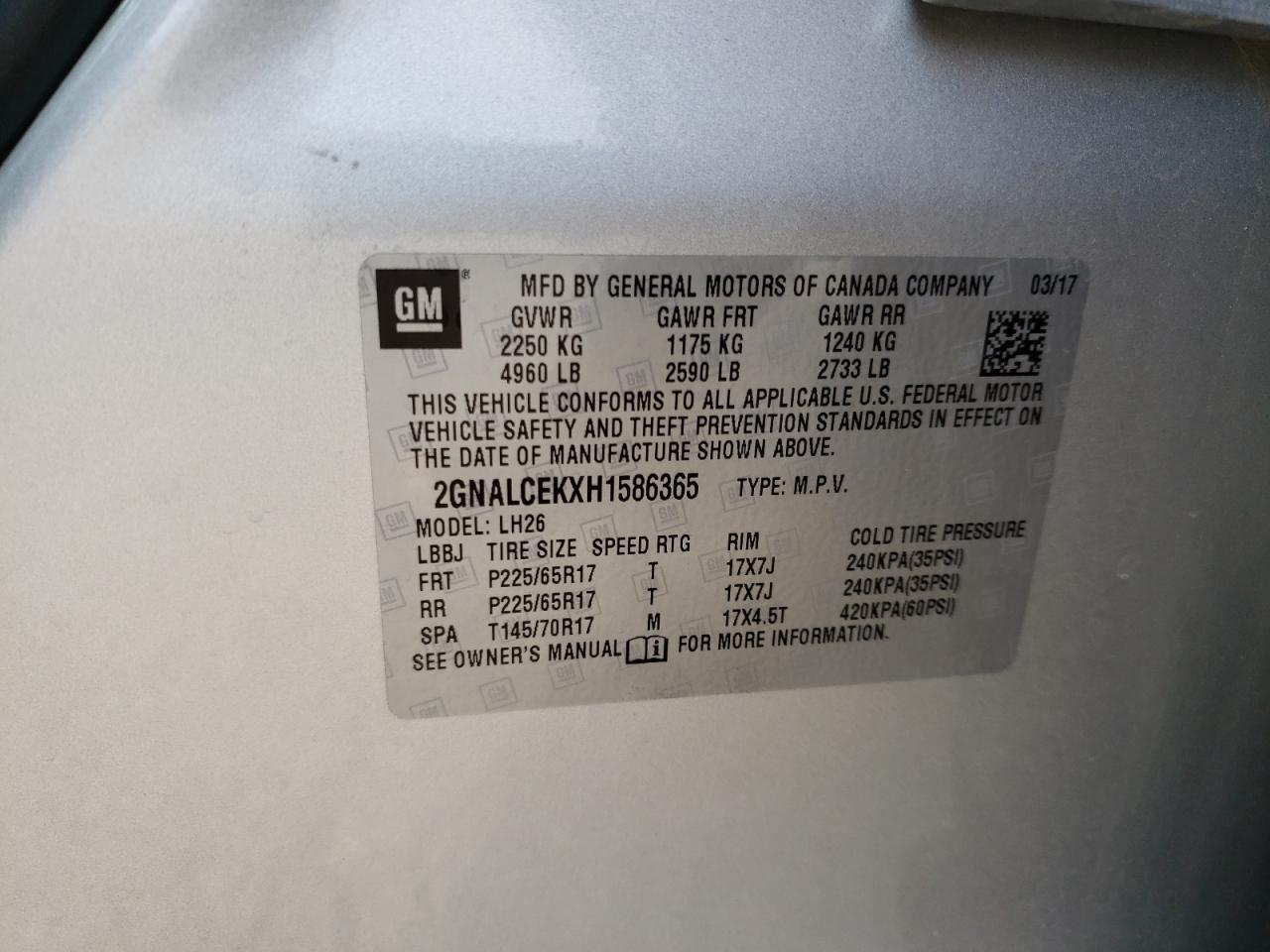 Photo 10 from auction – 2017 CHEVROLET EQUINOX LT with VIN 2GNALCEKXH1586365