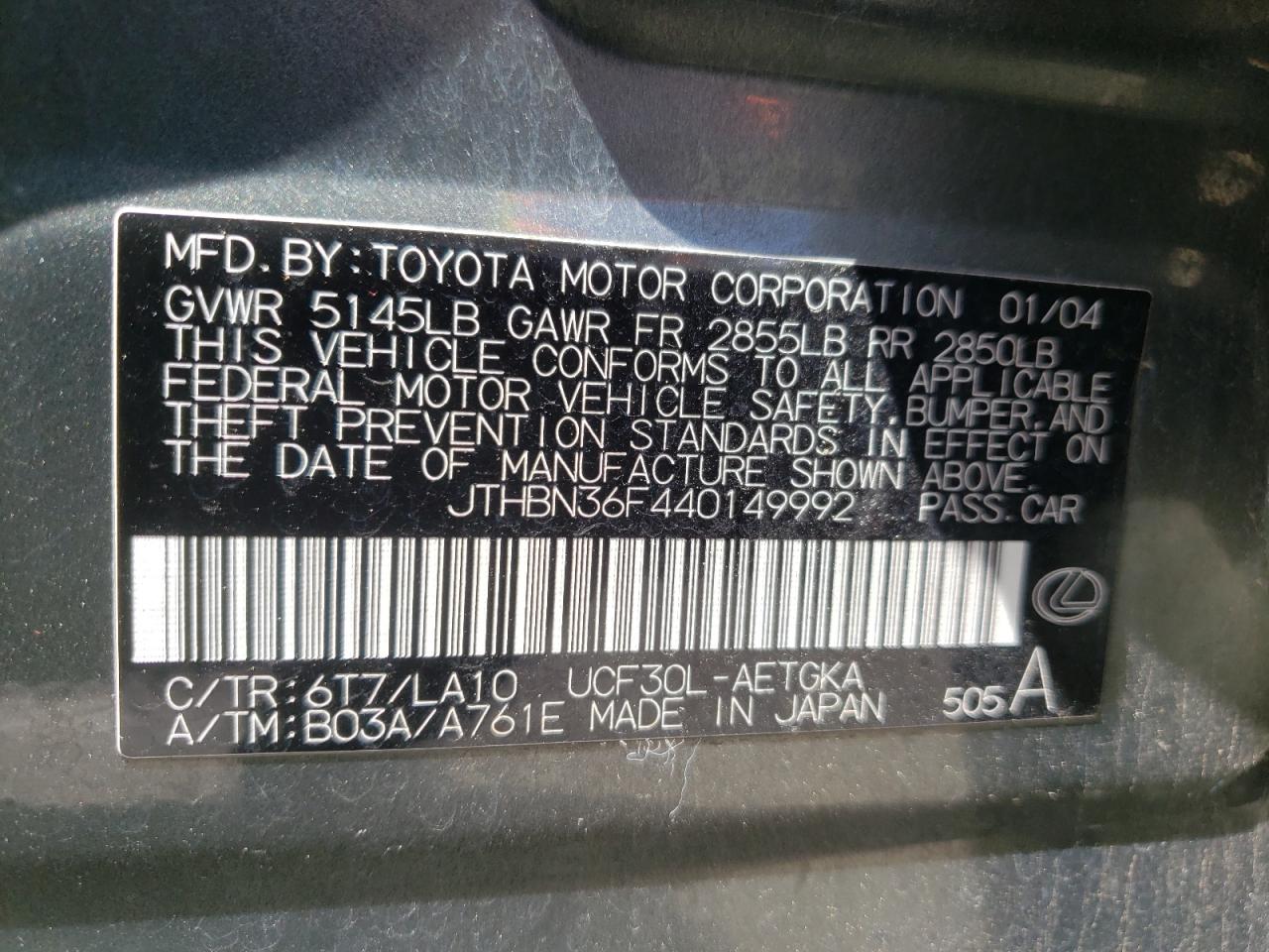 Photo 10 from auction – 2004 LEXUS LS 430 with VIN JTHBN36F440149992