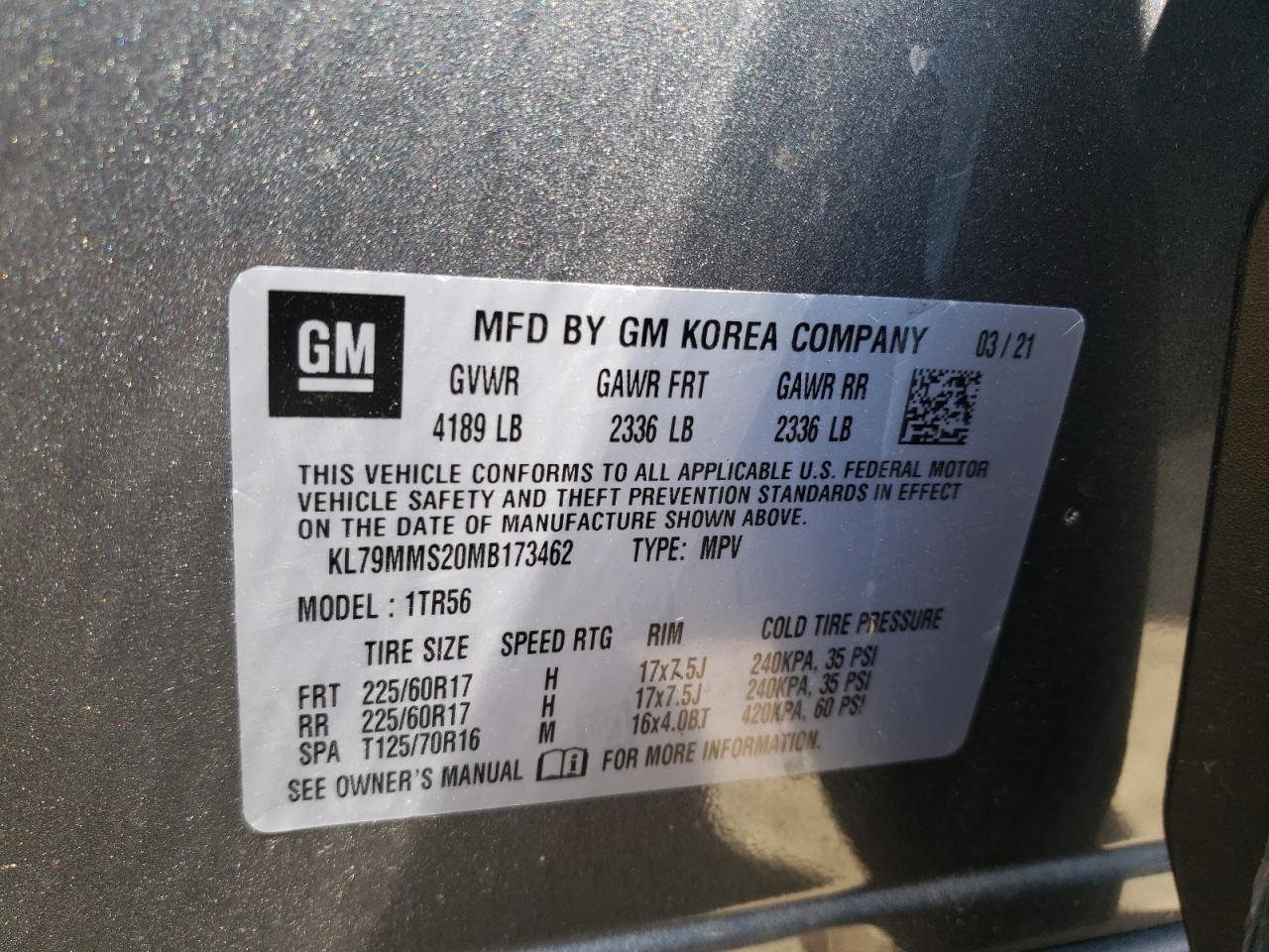 Photo 10 from auction – 2021 CHEVROLET TRAILBLAZE with VIN KL79MMS20MB173462