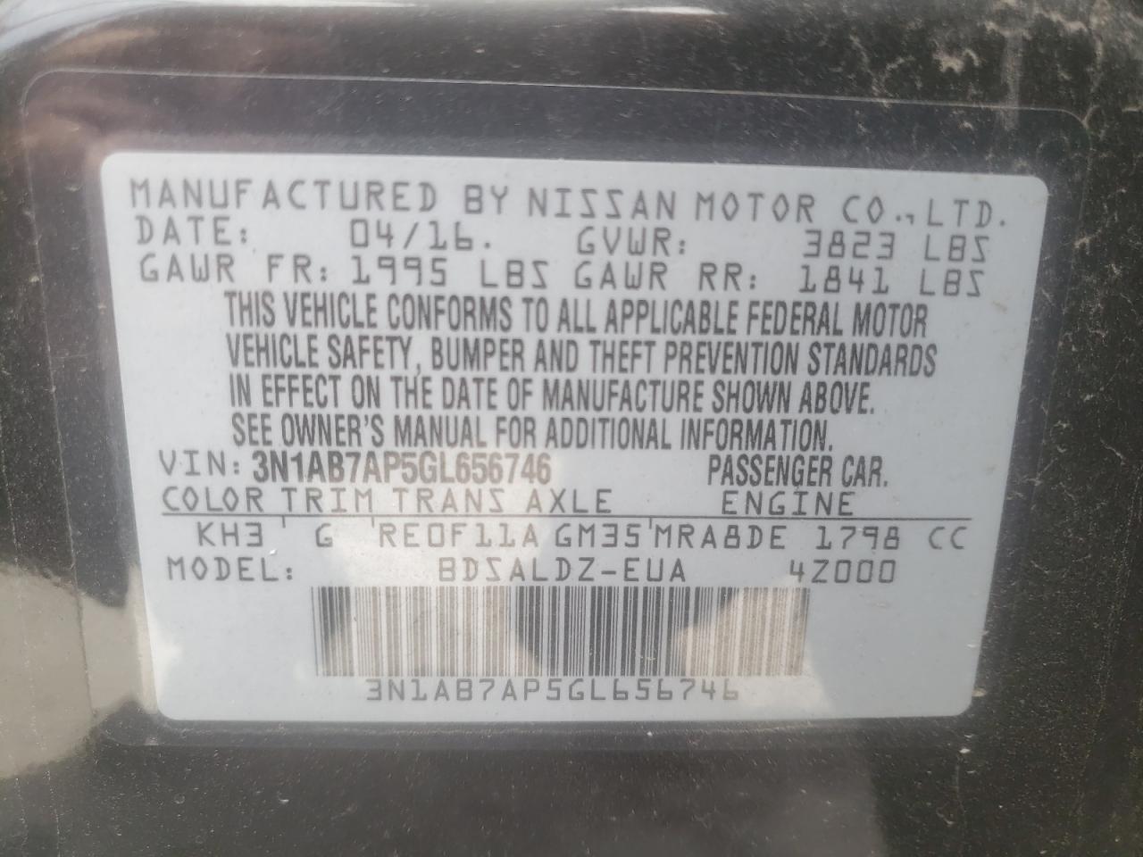 Photo 10 from auction – 2016 NISSAN SENTRA S with VIN 3N1AB7AP5GL656746