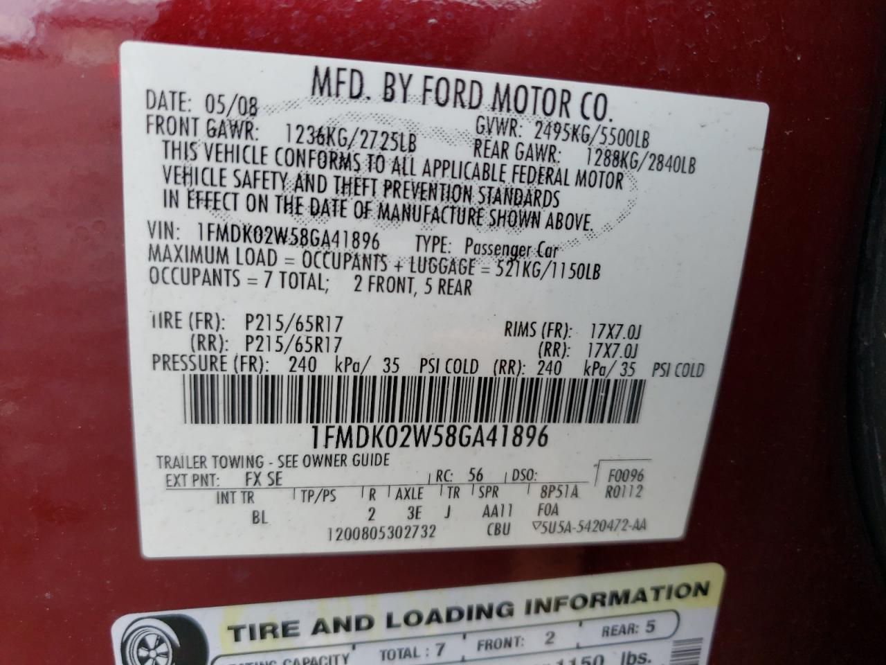 Photo 10 from auction – 2008 FORD TAURUS X S with VIN 1FMDK02W58GA41896