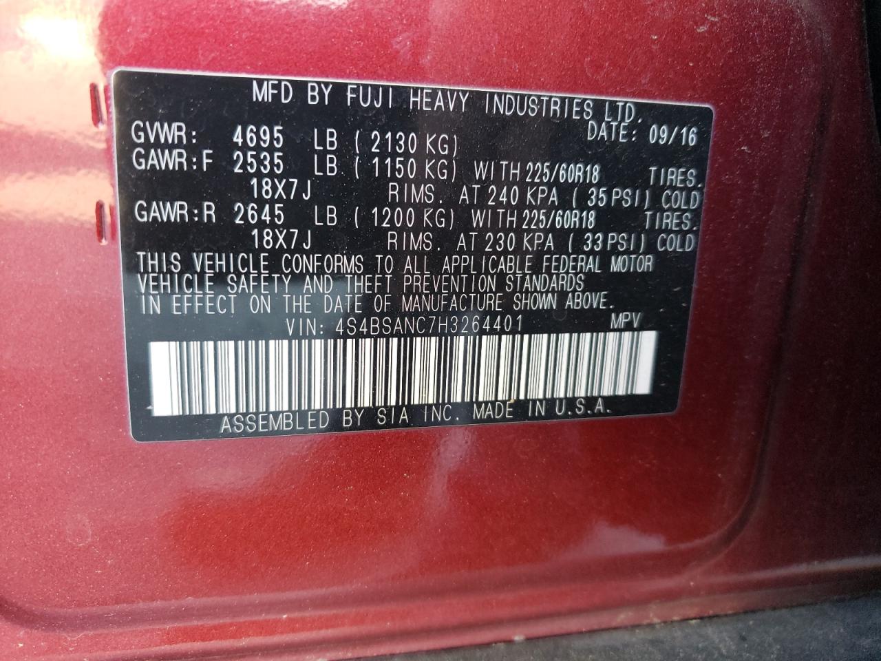 Photo 10 from auction – 2017 SUBARU OUTBACK 2. with VIN 4S4BSANC7H3264401