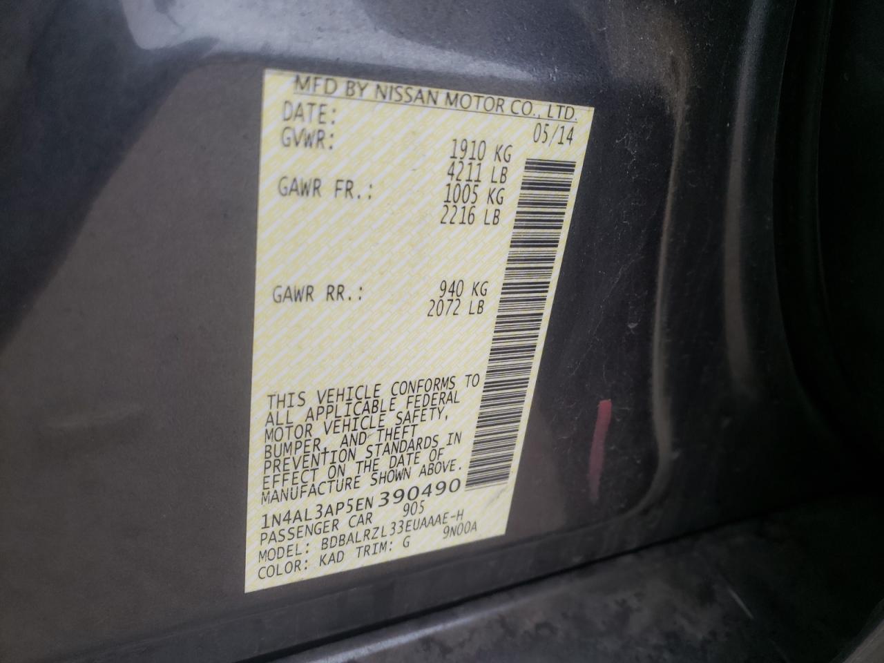 Photo 10 from auction – 2014 NISSAN ALTIMA 2.5 with VIN 1N4AL3AP5EN390490