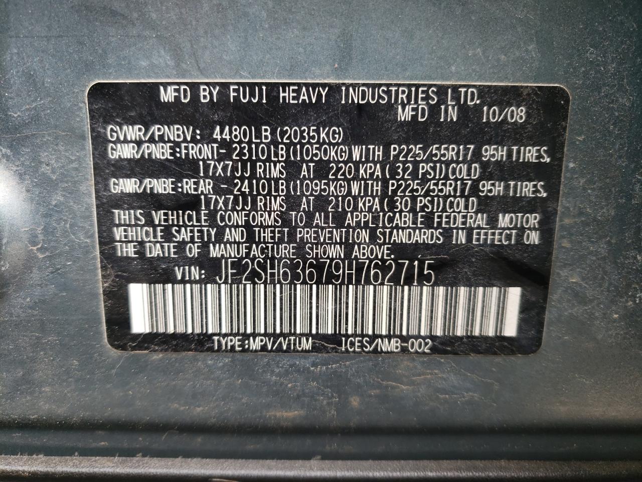 Photo 10 from auction – 2009 SUBARU FORESTER 2 with VIN JF2SH63679H762715