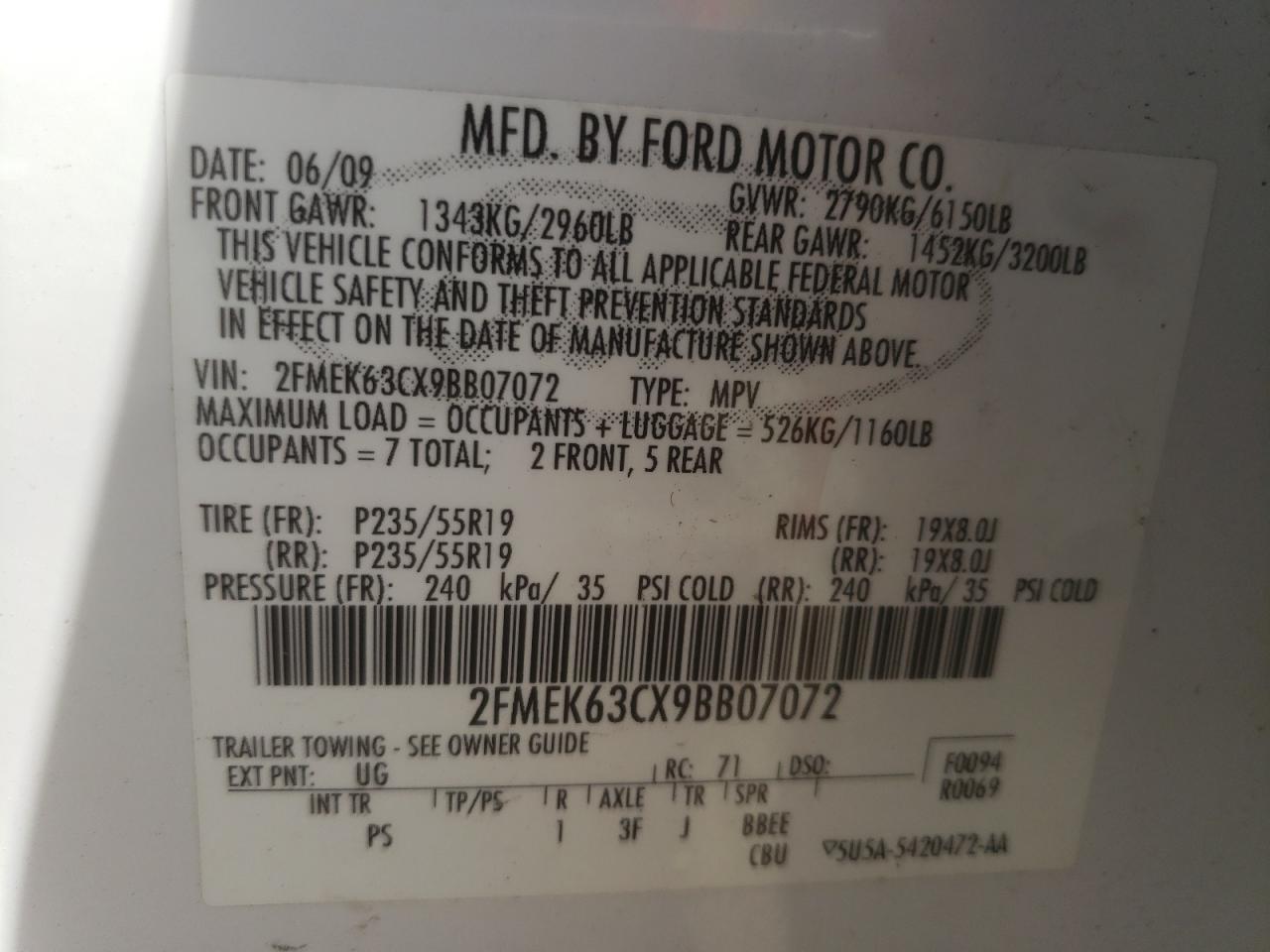 Photo 10 from auction – 2009 FORD FLEX LIMIT with VIN 2FMEK63CX9BB07072