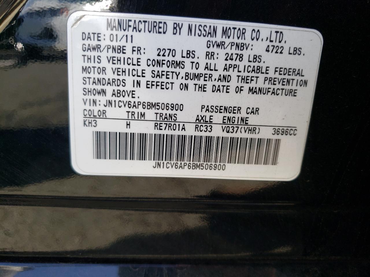 Photo 10 from auction – 2011 INFINITI G37 BASE with VIN JN1CV6AP6BM506900
