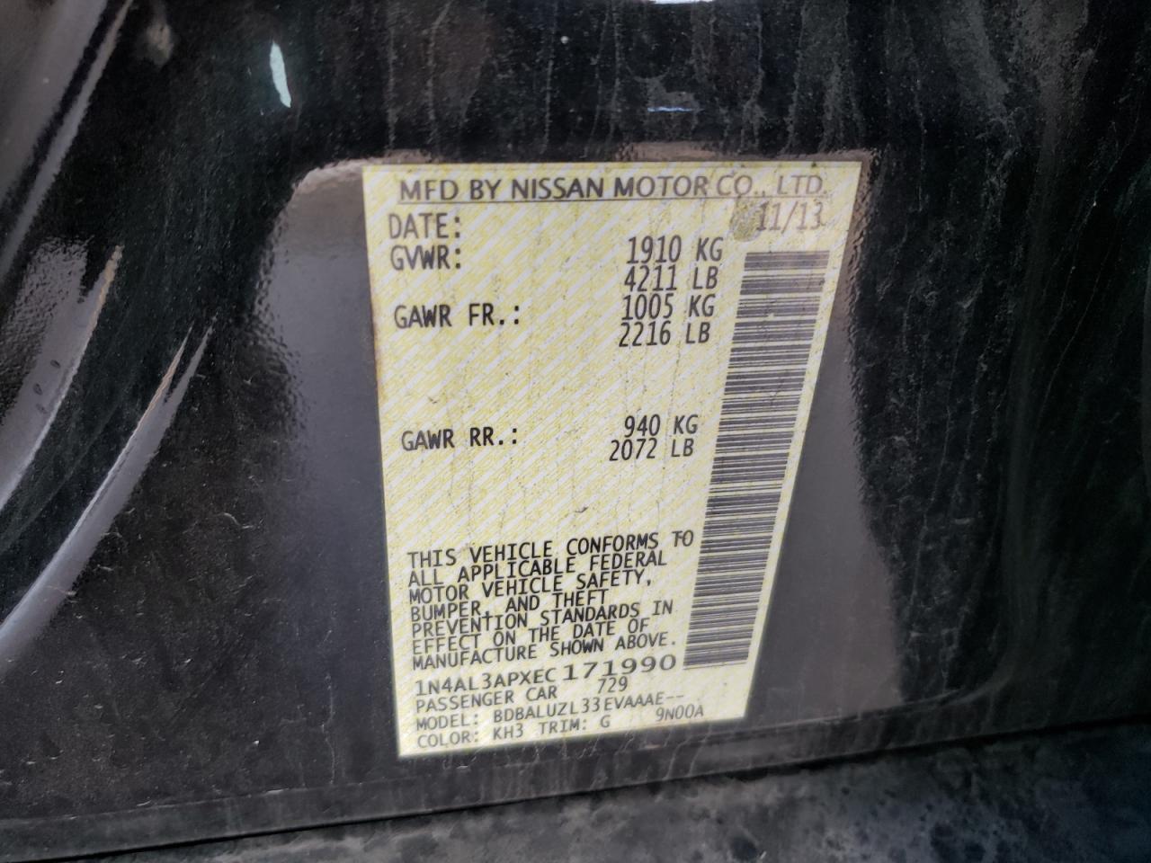 Photo 10 from auction – 2014 NISSAN ALTIMA 2.5 with VIN 1N4AL3APXEC171990