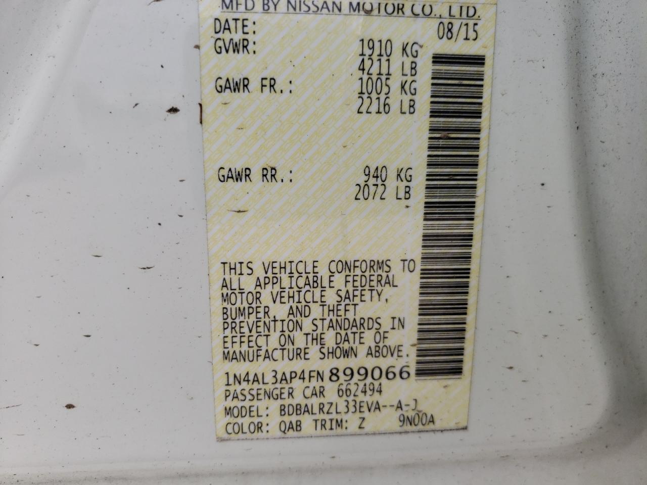 Photo 10 from auction – 2015 NISSAN ALTIMA 2.5 with VIN 1N4AL3AP4FN899066