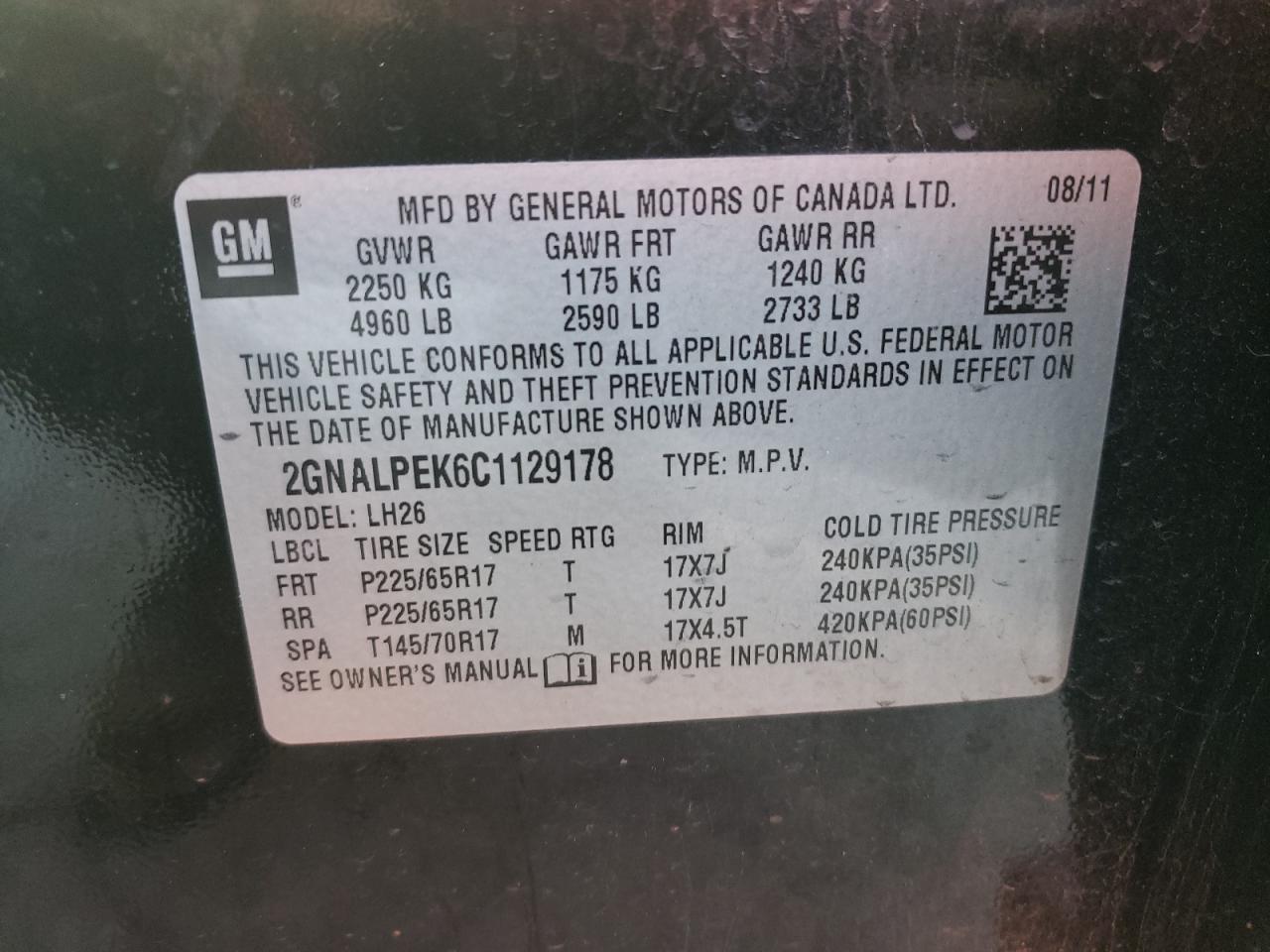 Photo 10 from auction – 2012 CHEVROLET EQUINOX LT with VIN 2GNALPEK6C1129178