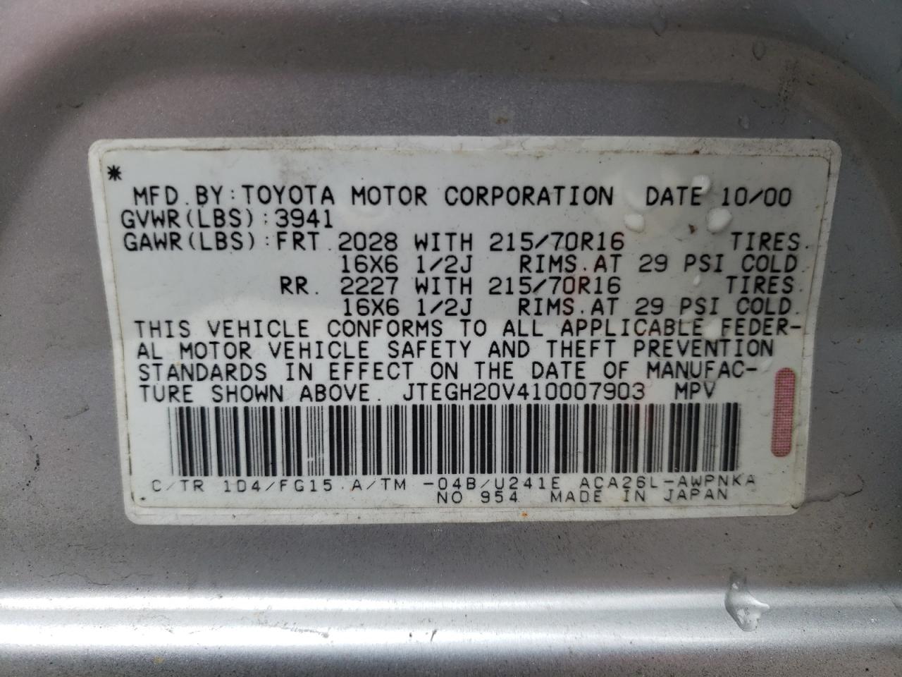 Photo 10 from auction – 2001 TOYOTA RAV4 with VIN JTEGH20V410007903