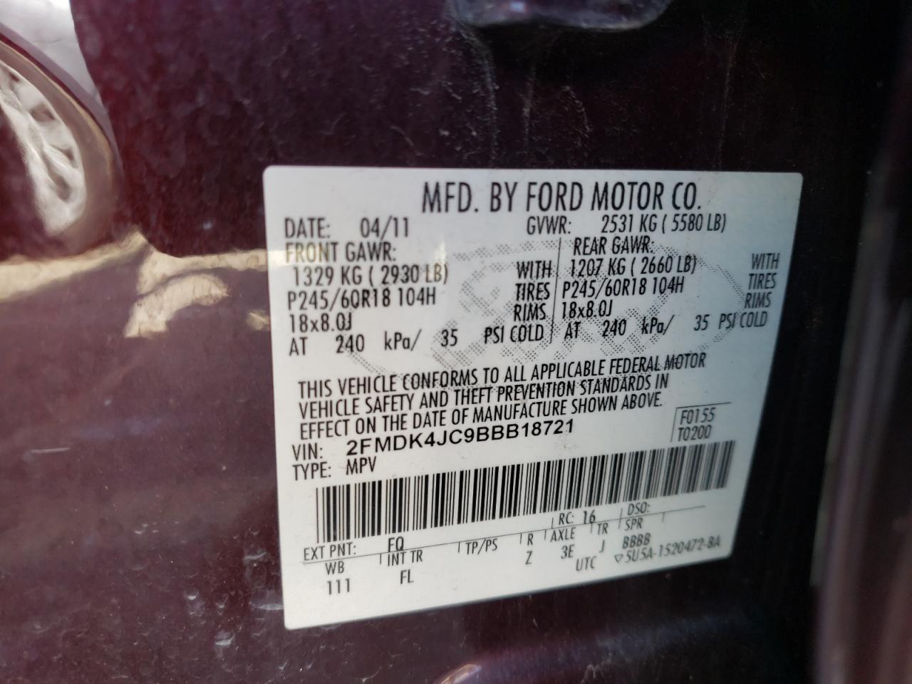 Photo 10 from auction – 2011 FORD EDGE SEL with VIN 2FMDK4JC9BBB18721