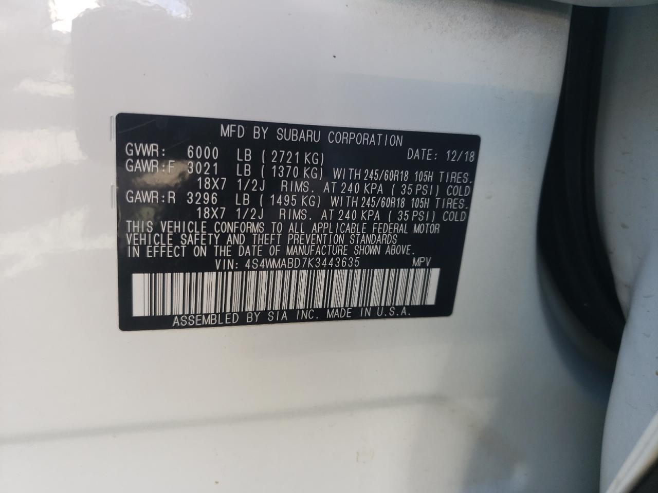 Photo 10 from auction – 2019 SUBARU ASCENT PRE with VIN 4S4WMABD7K3443635