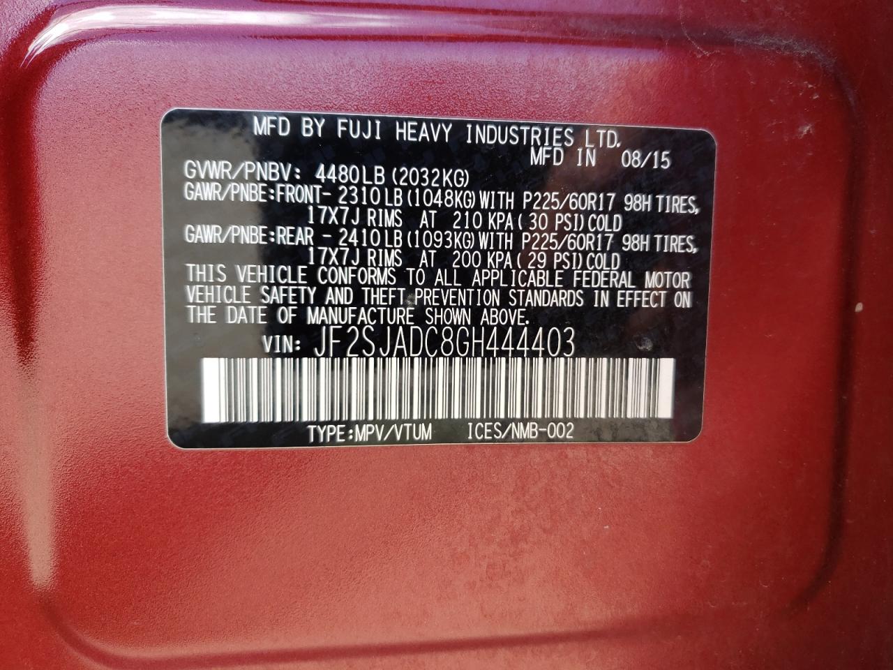 Photo 10 from auction – 2016 SUBARU FORESTER 2 with VIN JF2SJADC8GH444403