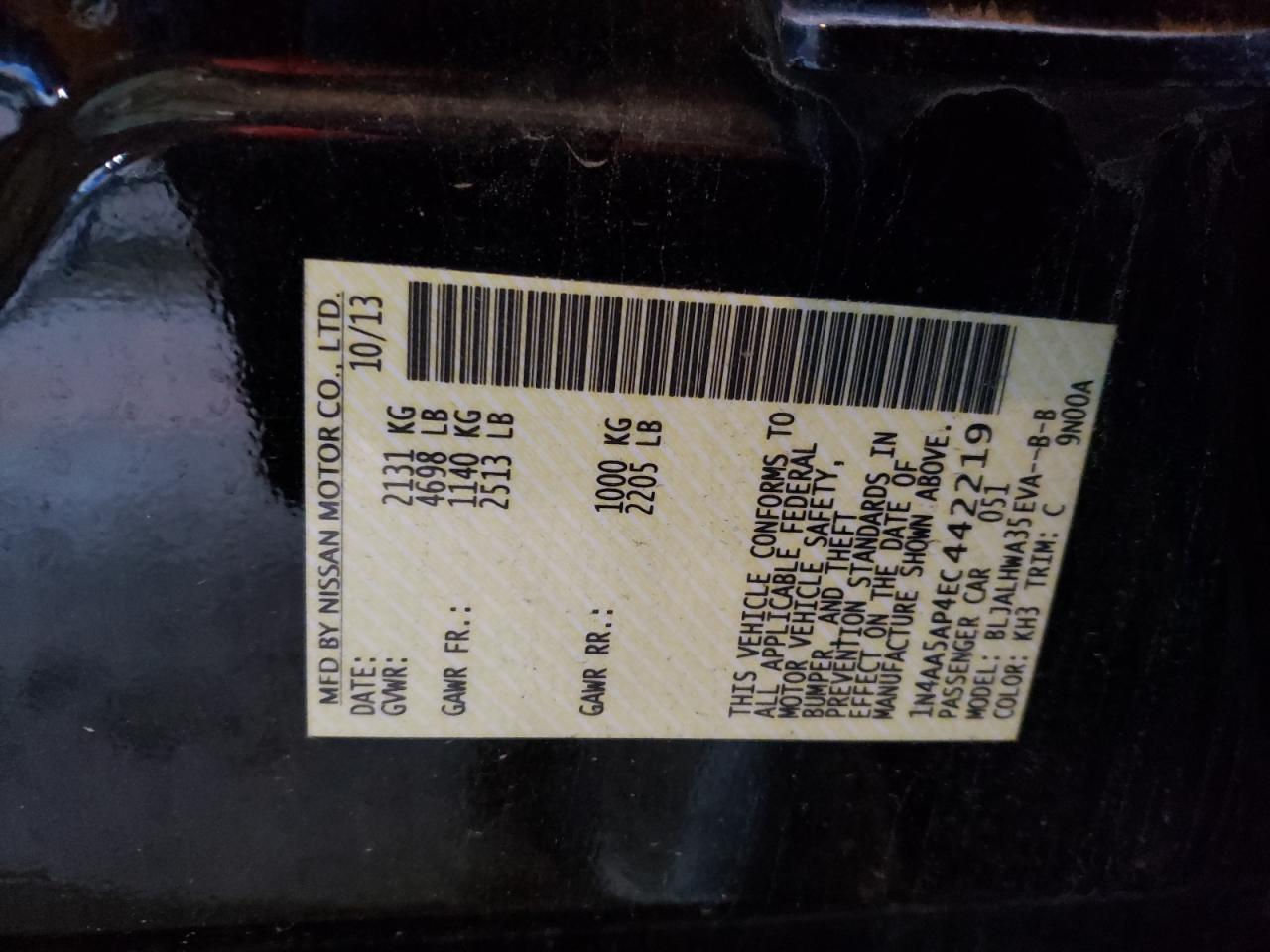 Photo 10 from auction – 2014 NISSAN MAXIMA S with VIN 1N4AA5AP4EC442219