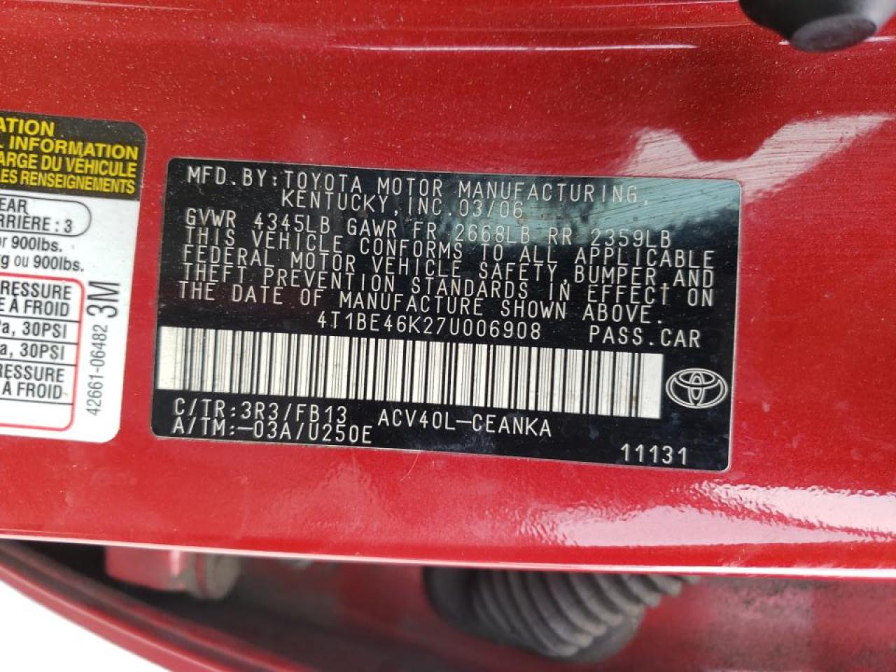 Photo 10 from auction – 2007 TOYOTA CAMRY CE with VIN 4T1BE46K27U006908