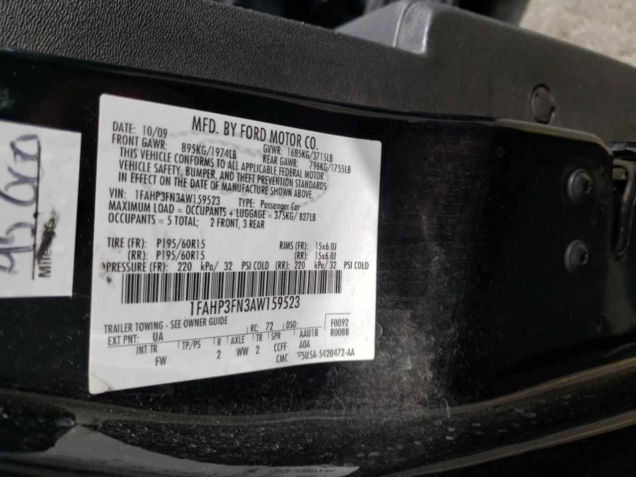 Photo 10 from auction – 2010 FORD FOCUS SE with VIN 1FAHP3FN3AW159523