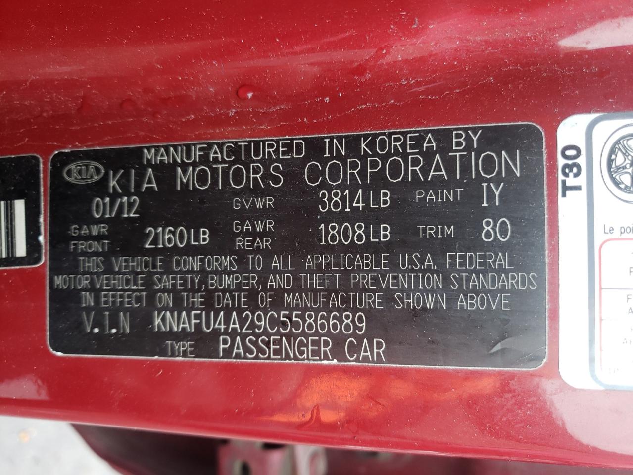 Photo 10 from auction – 2012 KIA FORTE EX with VIN KNAFU4A29C5586689