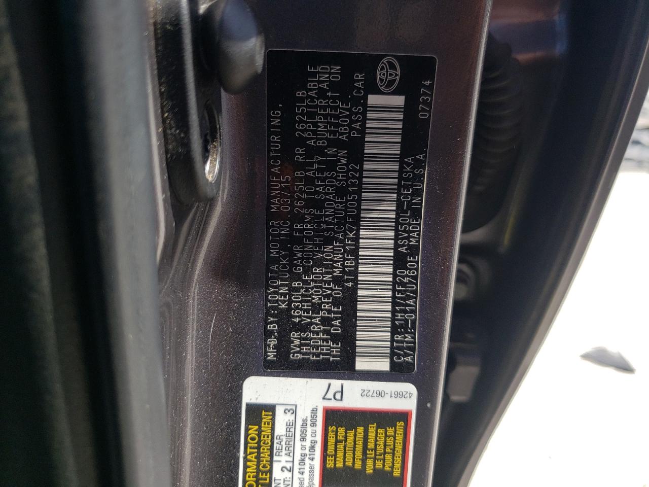 Photo 10 from auction – 2015 TOYOTA CAMRY LE with VIN 4T1BF1FK7FU051322