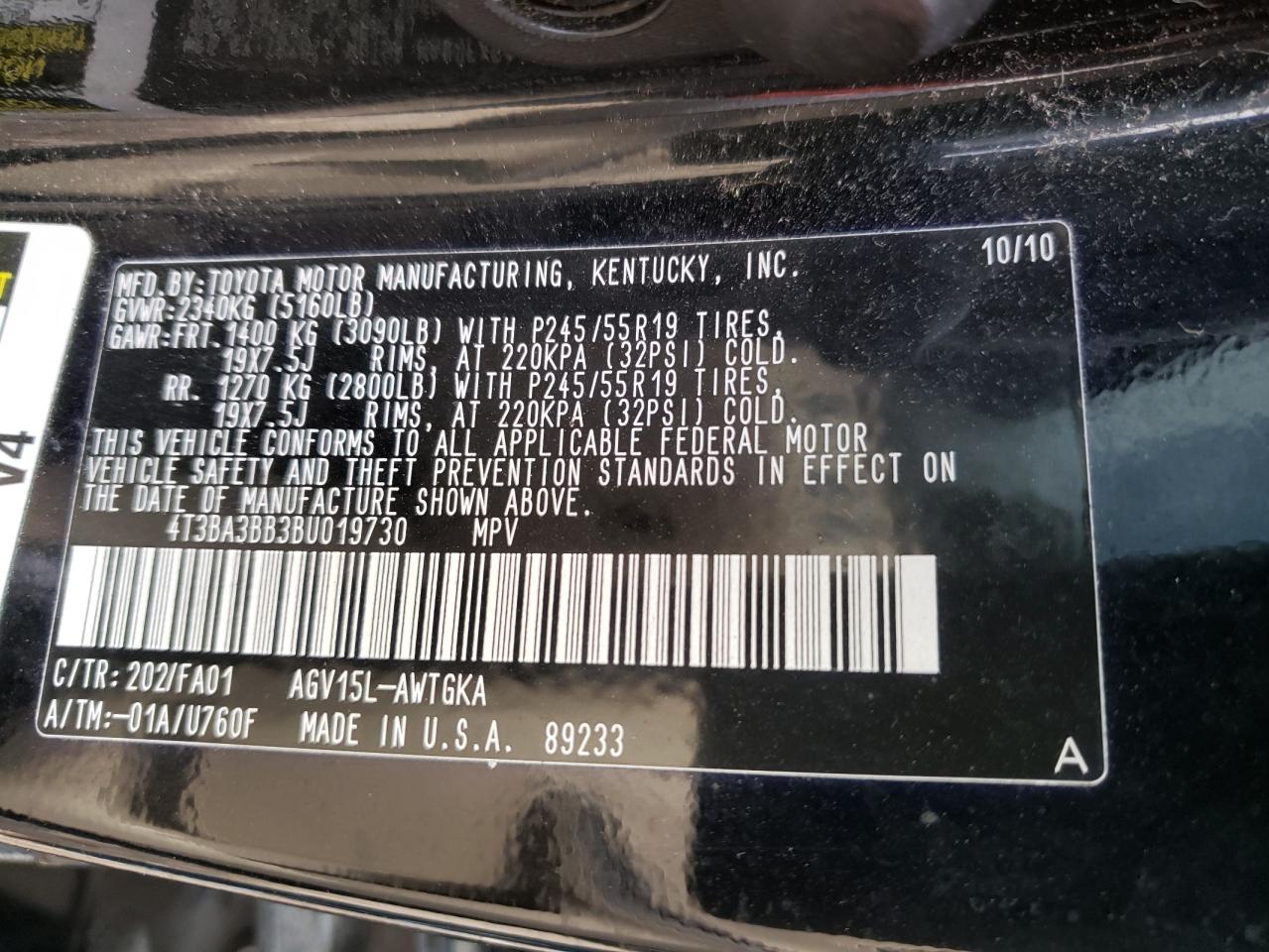 Photo 10 from auction – 2011 TOYOTA VENZA with VIN 4T3BA3BB3BU019730