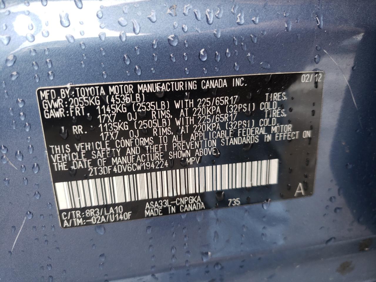 Photo 10 from auction – 2012 TOYOTA RAV4 LIMIT with VIN 2T3DF4DV6CW194224